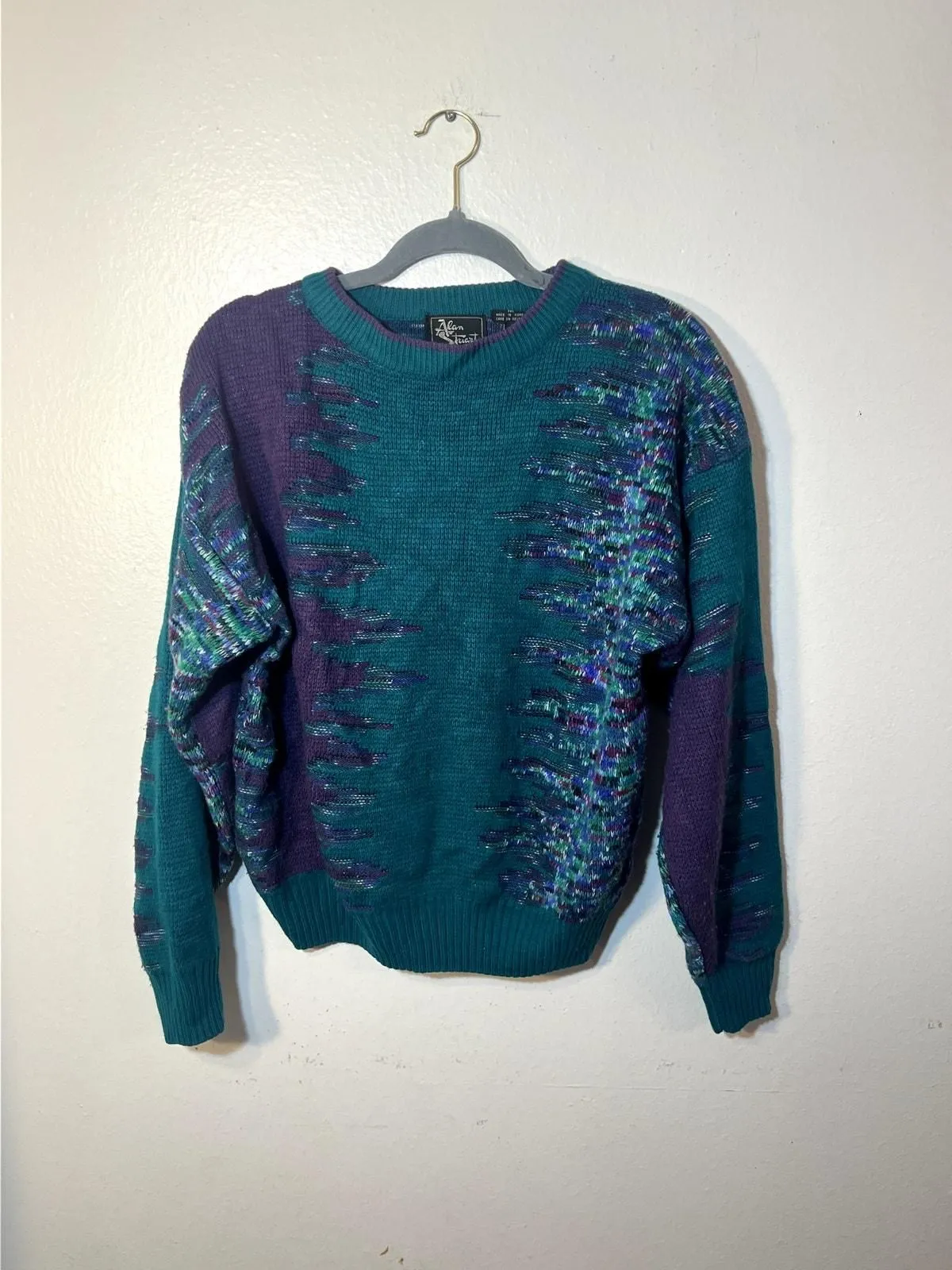Product image for Vintage 80s Alan Stuart Teal and Purple Sweater Medium - Alan Stuart