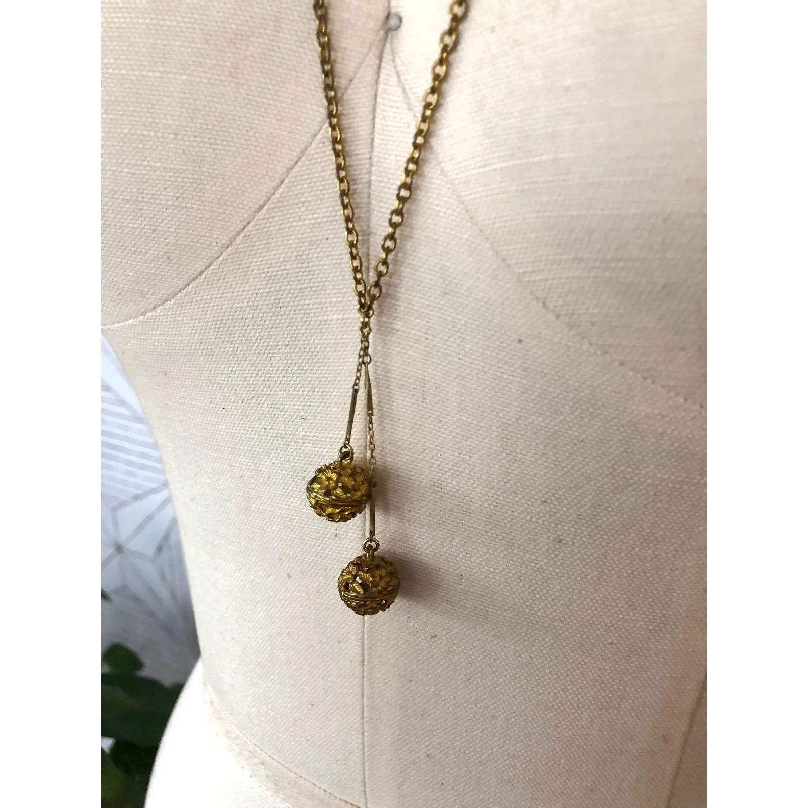 Product image for Artisan Brass long necklace with filigree balls
