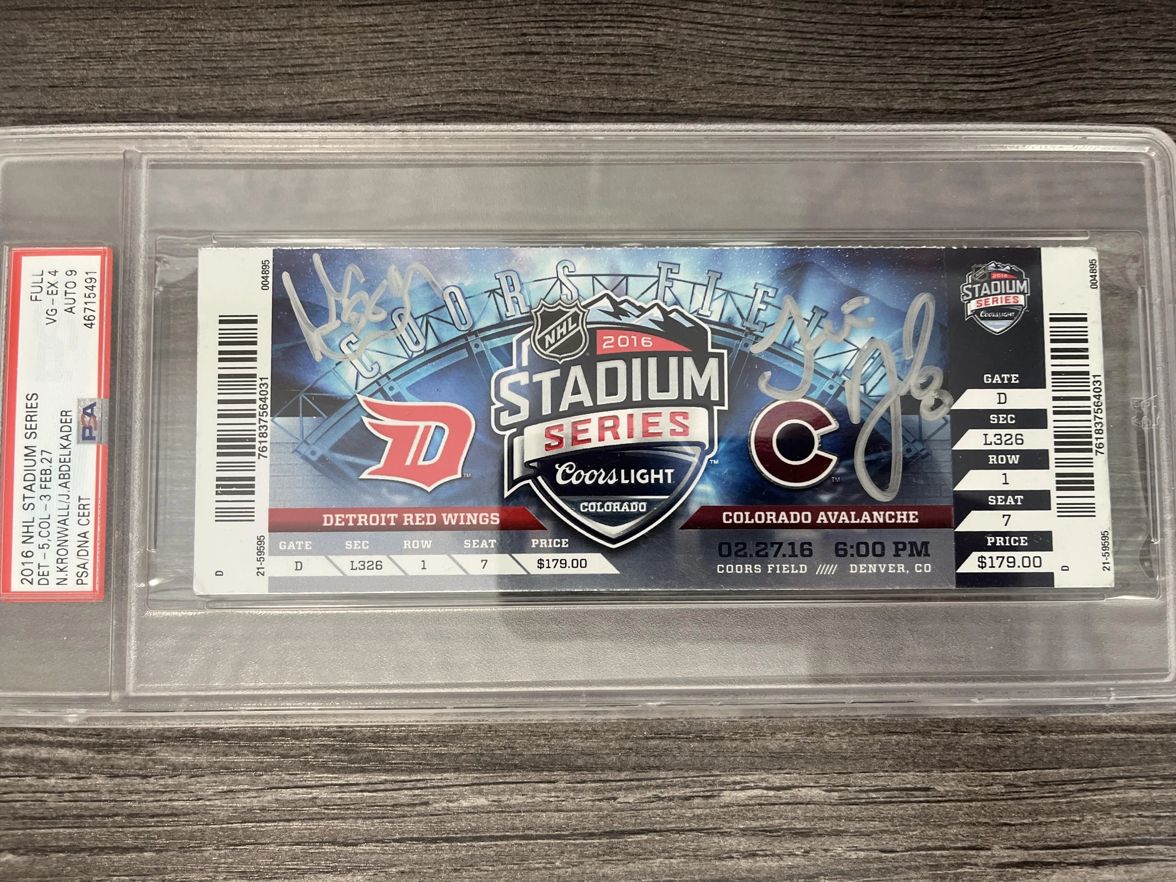 Product image for 2016 NHL Stadium Series Ticket - Full Niklas Kronwall Justin Abdelkader Auto PSA - NHL Stadium Series-Full - 1 - 1 - 9 - Detroit vs Colorado - 4 - 2016 - Niklas Kronwall, Justin Abdelkader - Yes - Yes
