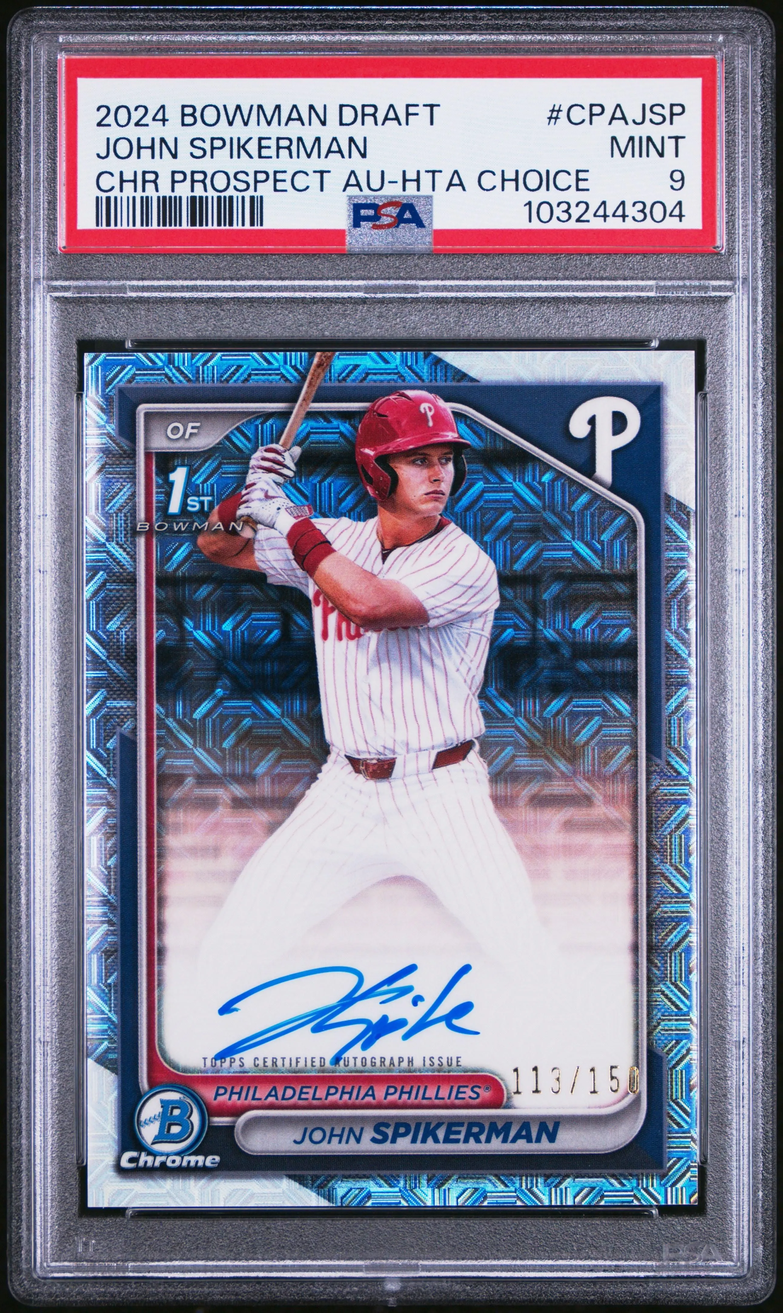 Product image for 2024 Bowman Draft Chrome Auto John Spikerman Hta Choice /150 Phillies PSA 9 - John Spikerman - 2024 - Baseball - CPAJSP - /150 - Major League (MLB) - Bowman - John Spikerman - 2024 Bowman Draft Chrome Autographs - 1