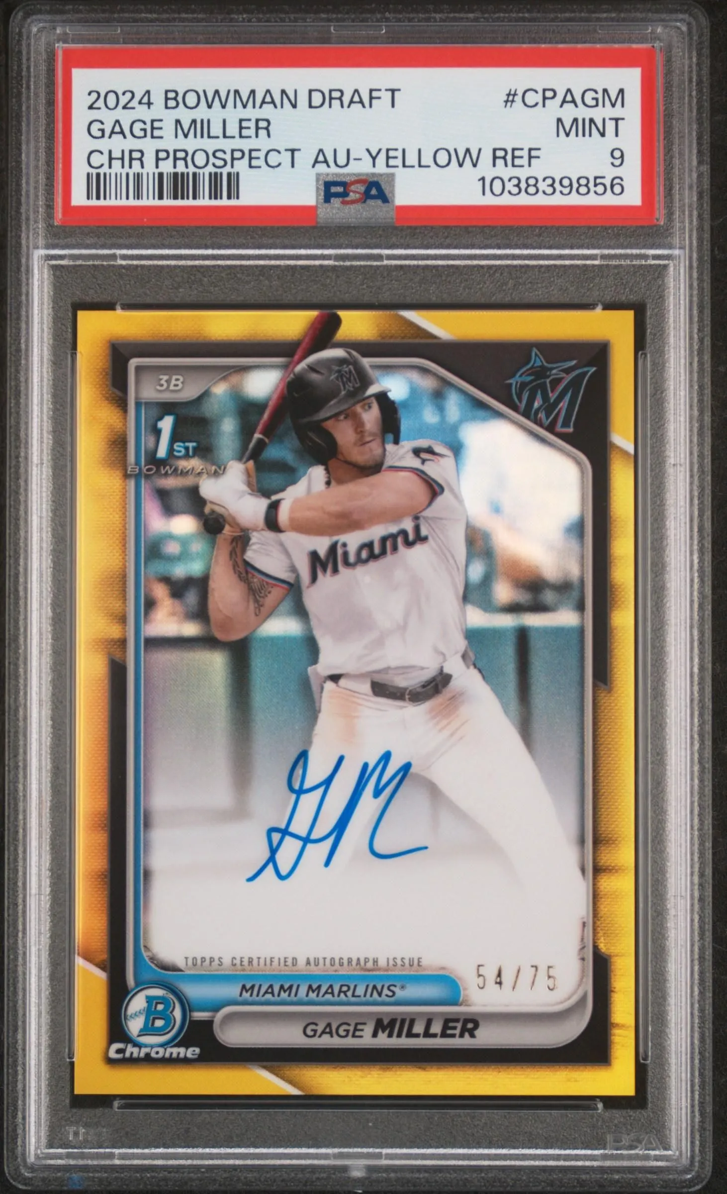 Product image for 2024 Bowman Draft Chrome Autographs Gage Miller Yellow Ref /75 Miami PSA 9 - Gage Miller - 2024 - Baseball - CPAGM - /75 - Major League (MLB) - Bowman - Gage Miller - 2024 Bowman Draft Chrome Prospect Autographs - 1
