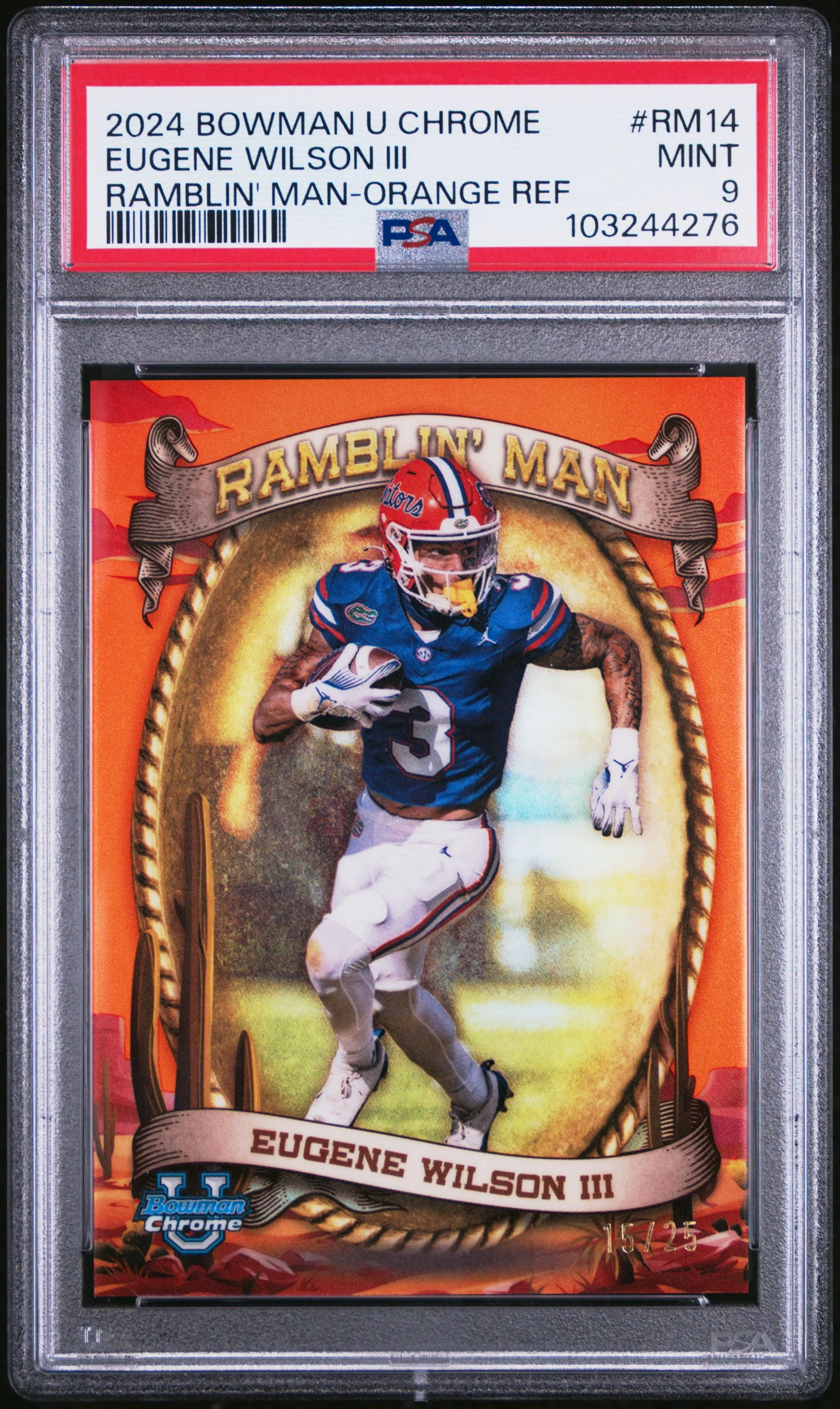 Product image for 2024 Bowman U Chrome Ramblin' Man Eugene Wilson III Orange /25 Florida PSA 9 - 2024 - Football - RM14 - /25 - Bowman - Eugene Wilson III - 2024 Bowman University Chrome Ramblin' Man - 1 - Florida Gators - 0
