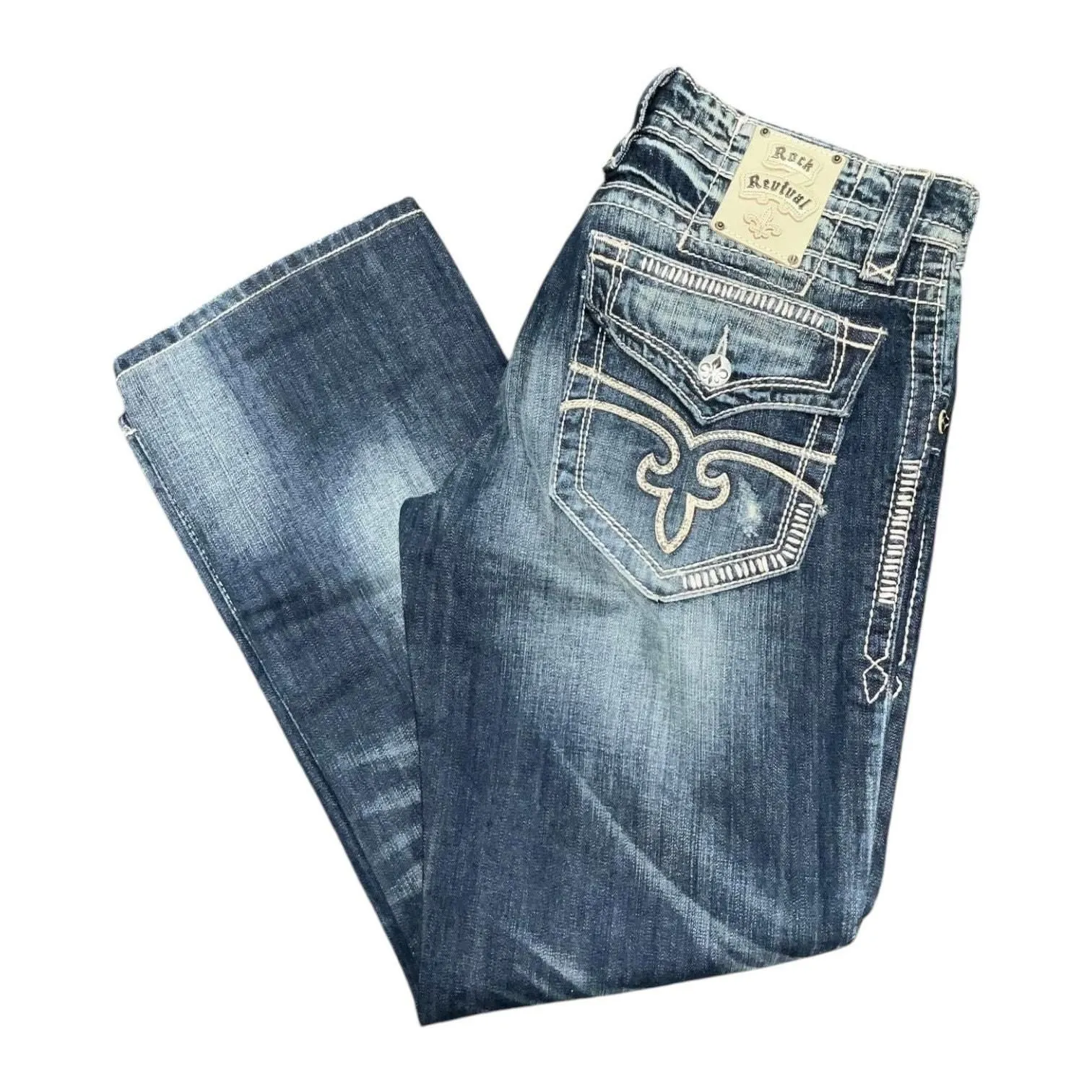 Product image for Rock Revival Steven Men's Distressed Straight Denim Jeans Size 34 Flap Pockets - Pre-owned - Good - Bottoms - Rock Revival