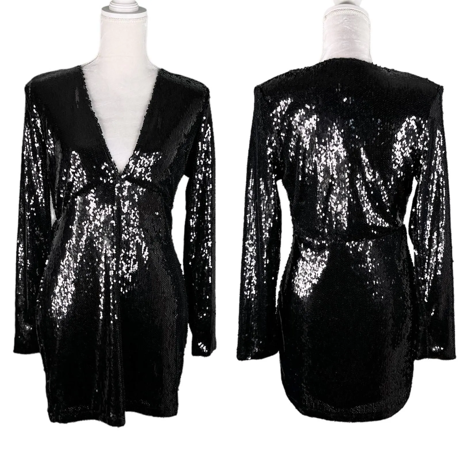 Product image for Motel Melana Plunge Neck Bodycon Sequin Dress Black Medium New - Motel