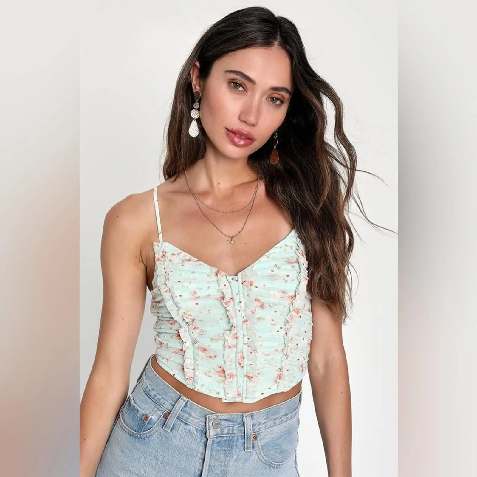 Product image for Lulus Weekend Impulse Light Blue Floral Ruffled Cropped Tank Top NWT - new-with-tags - Lulus