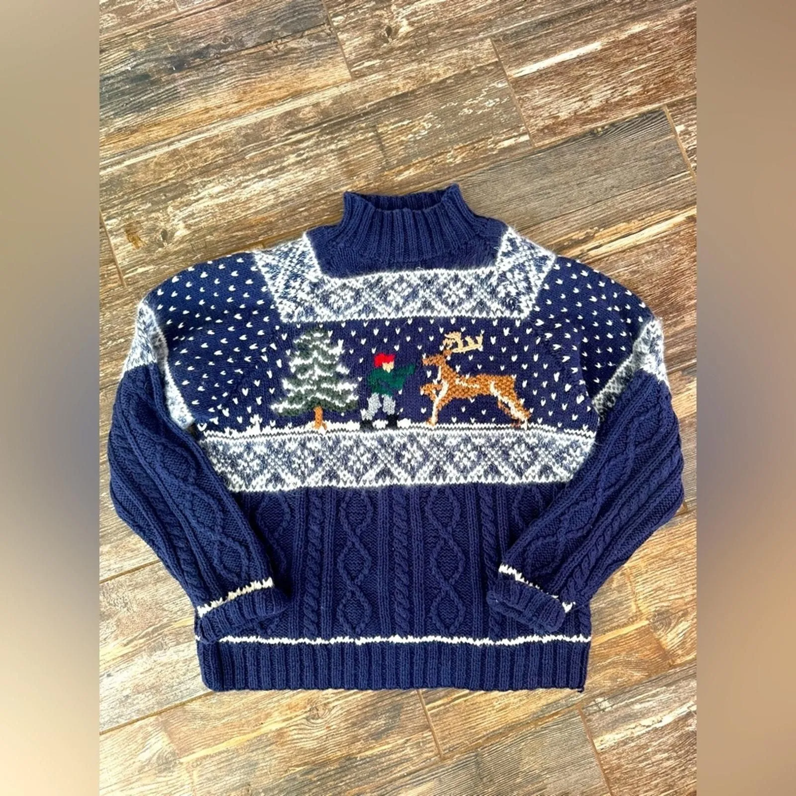 Product image for Vintage hand knit sweater 90s vintage Marsh Landing navy snowy winter sweater - Marsh Landing