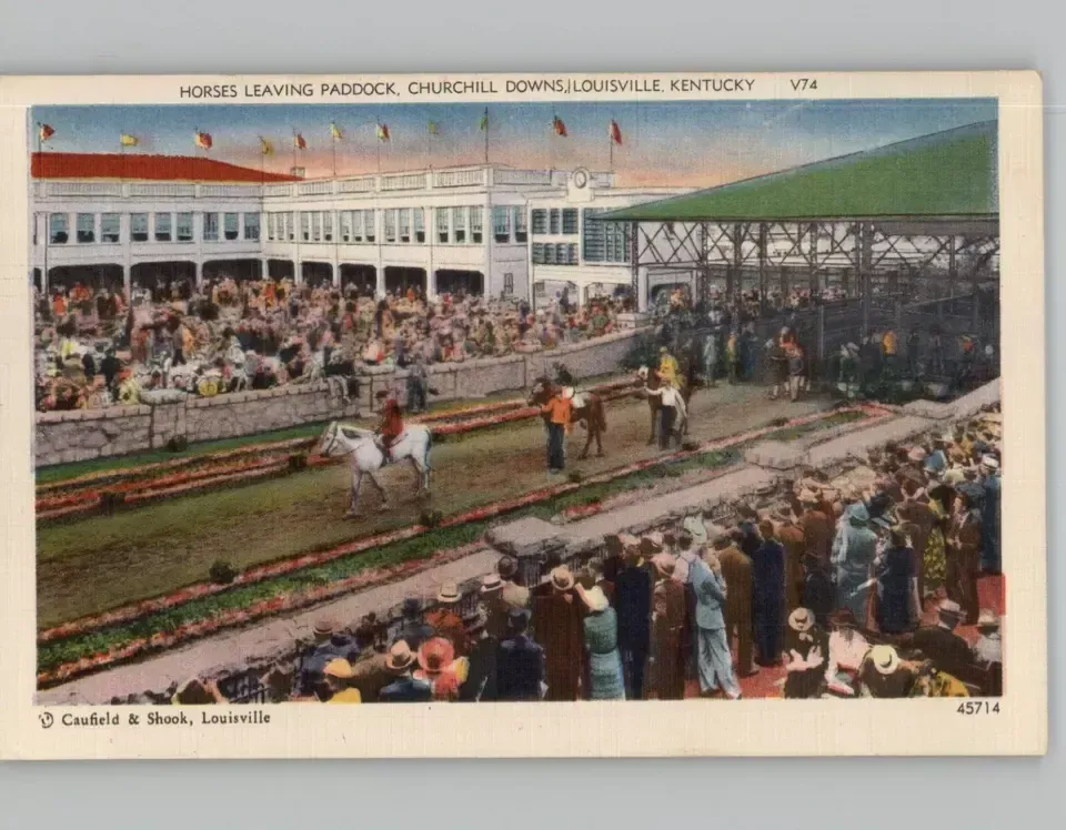 Product image for Horses Leaving the Paddock Churchill Downs - Louisville Ky - 1930's Postcard