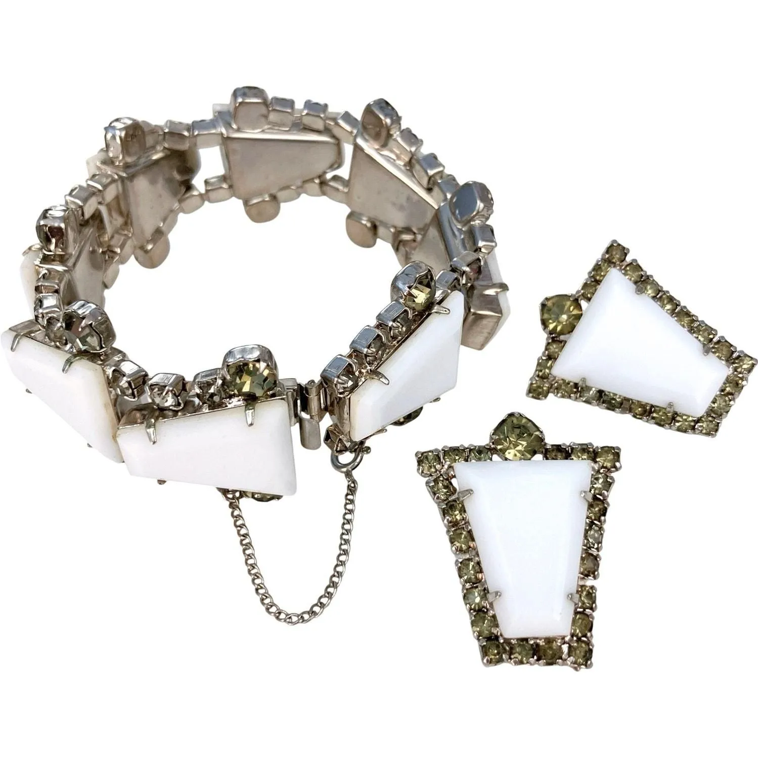 Product image for VTG 50s-60s Milk Glass Rhinestone Bracelet Earrings Set Mid-Century Demi Parure - Bracelet - pre-owned---good