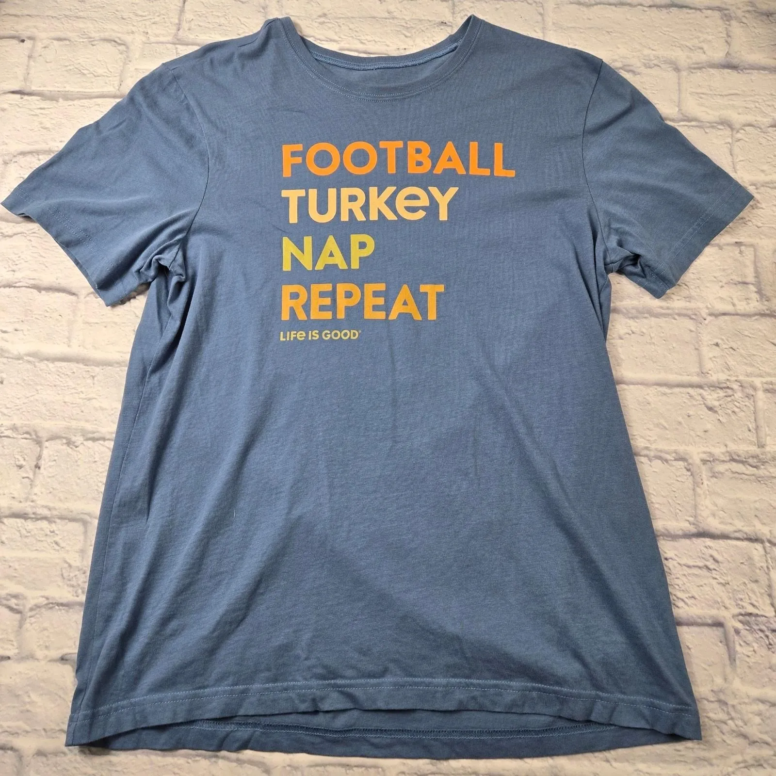 Product image for Thanksgiving Turkey Football Nap Life Is Good Blue T-shirt size Medium Men's  - pre-owned---good - Life Is Good