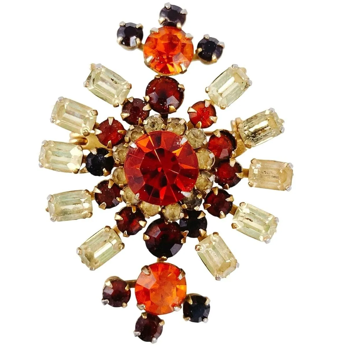 Product image for Vintage Amber & Topaz Rhinestone Starburst Brooch - Gold Tone Mid-Century Pin - Brooch - pre-owned---good