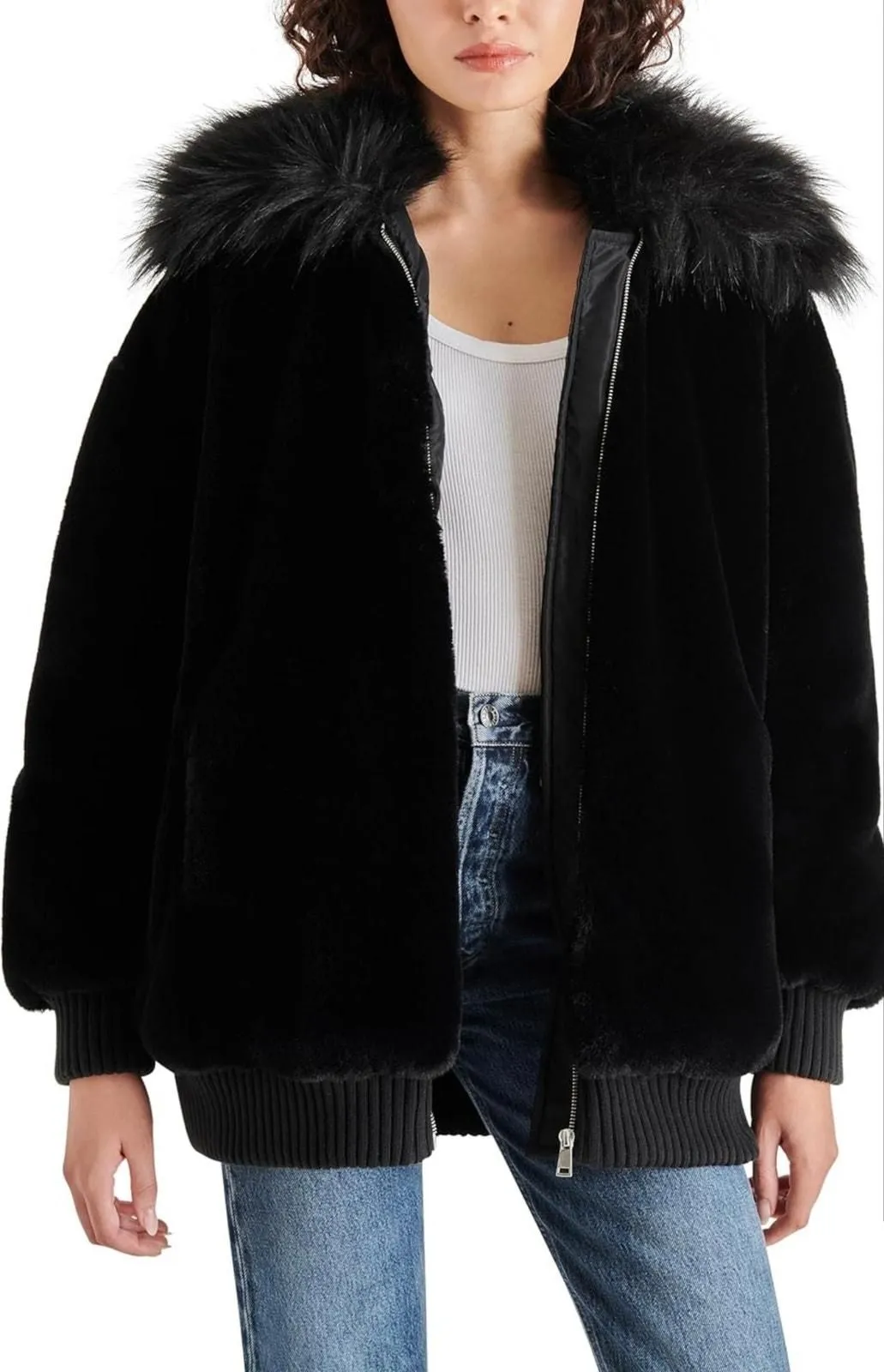 Product image for Steve Madden NWT Sylvia Black Ultra Plush Faux Fur Puffer Zip Front Coat Large - Outerwear - new-with-tags - Steve Madden