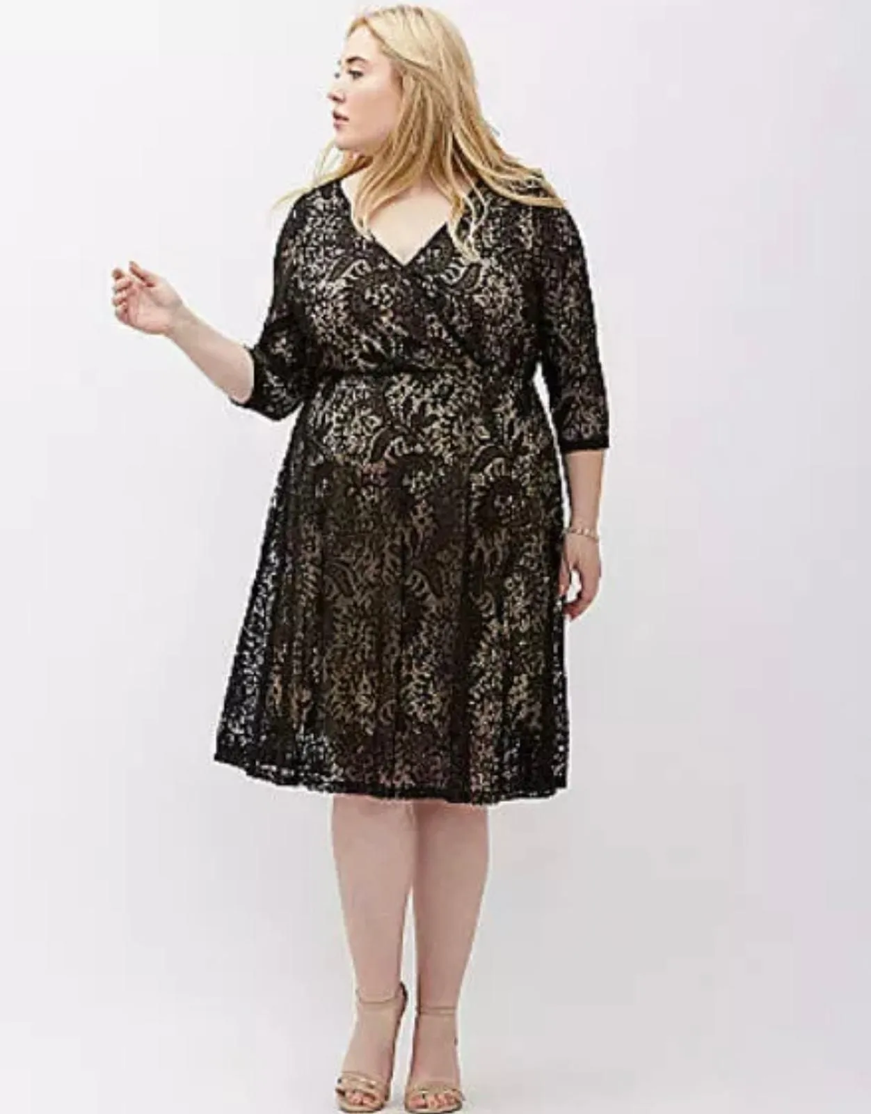 Product image for Lane Bryant Black Lace V-Neck Fit & Flare Surplice Lined Midi Dress Size 20 - Dresses - pre-owned---excellent - Lane Bryant