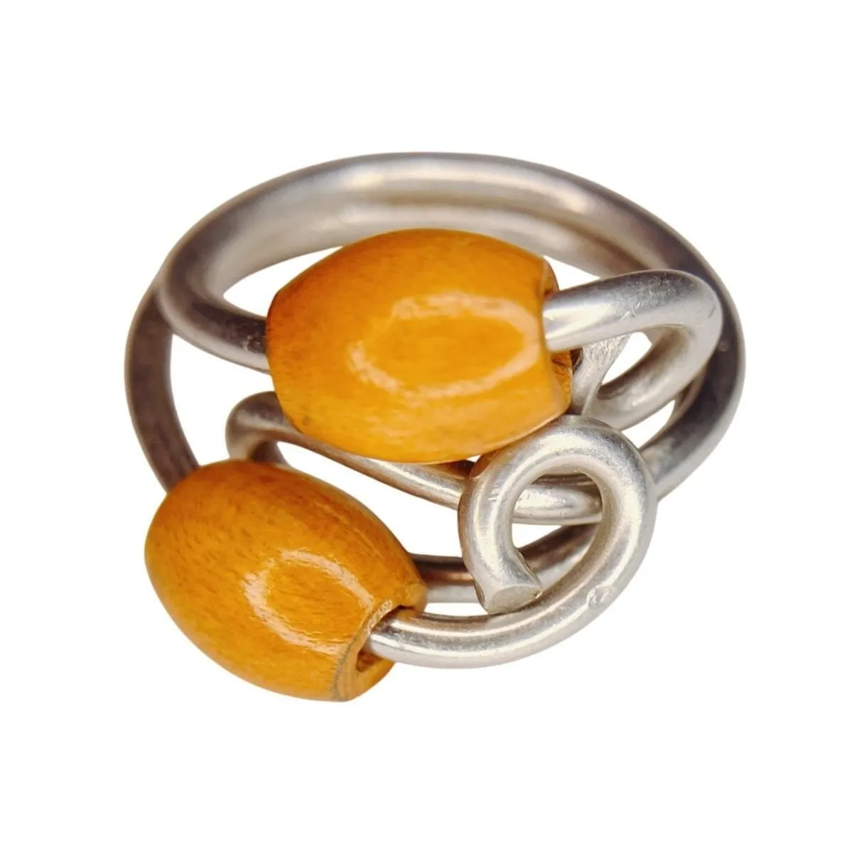 Product image for Vintage Handcrafted Boho Wrapped Sterling Silver Ring, Wooden Orange Beads - pre-owned---good