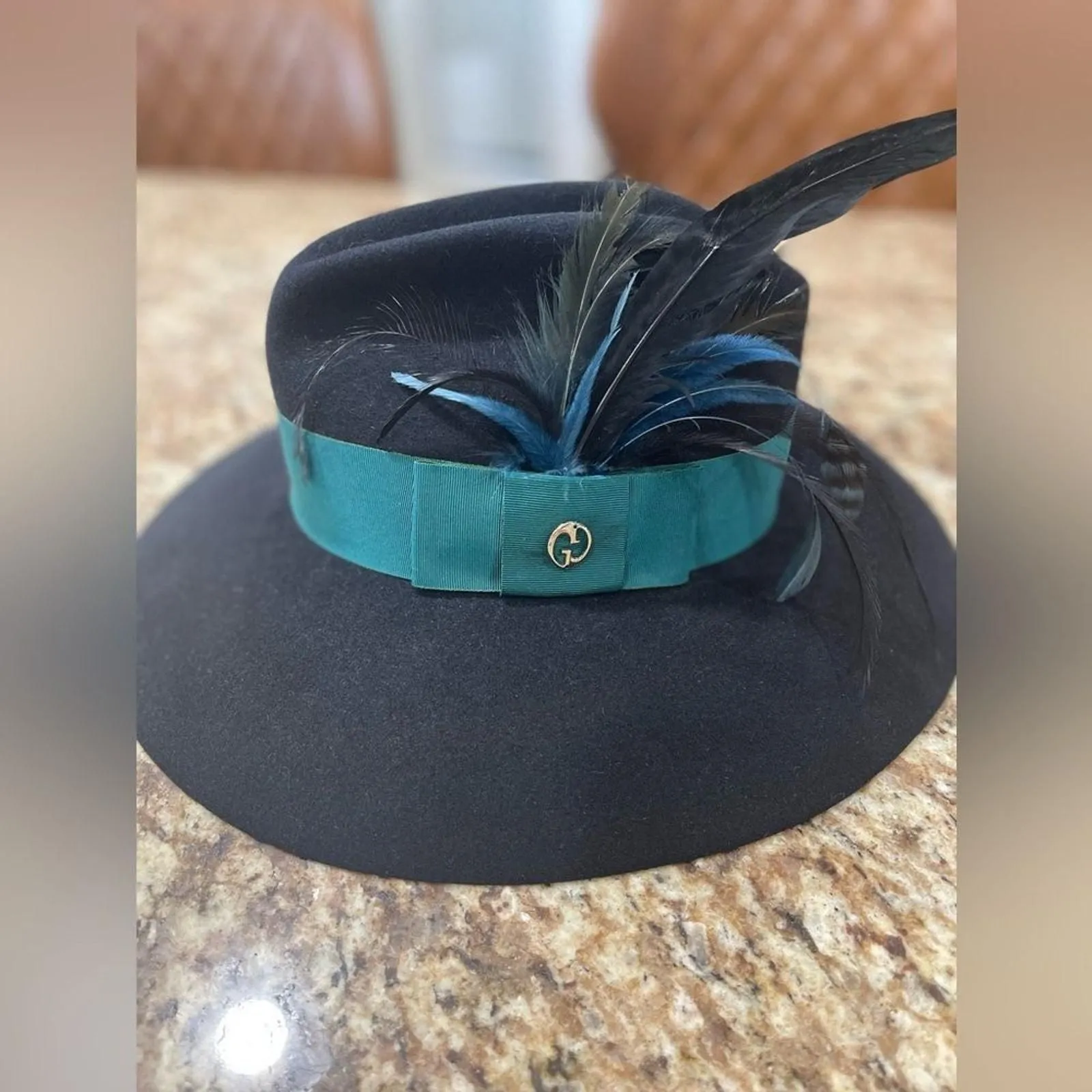 Product image for Gucci Logo Black Felt Hat with Teal Band and Feather Accent - Size M - Gucci