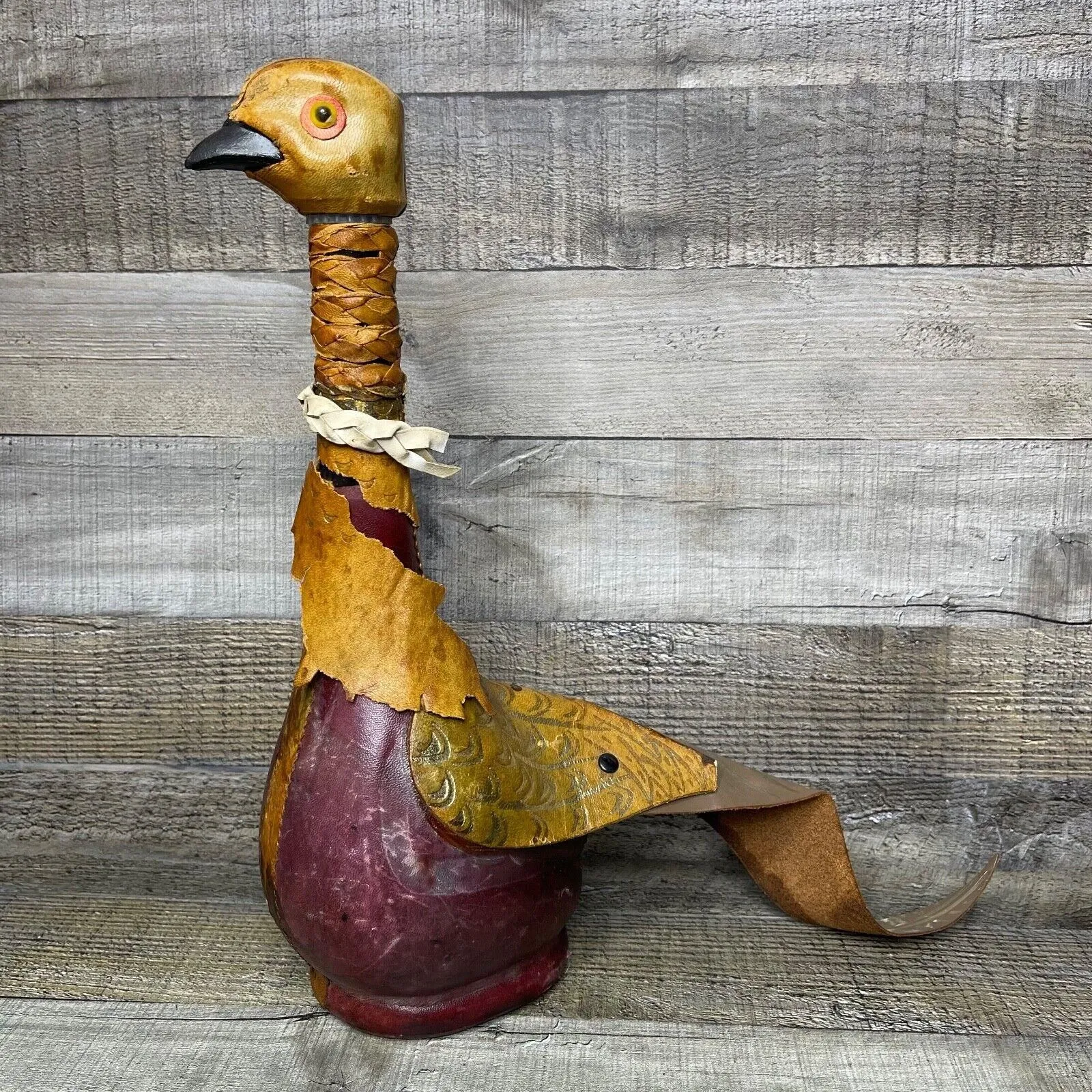 Product image for Vintage Decanter Duck Glass Bottle Made in Italy Leather Hand Wrapped Covered