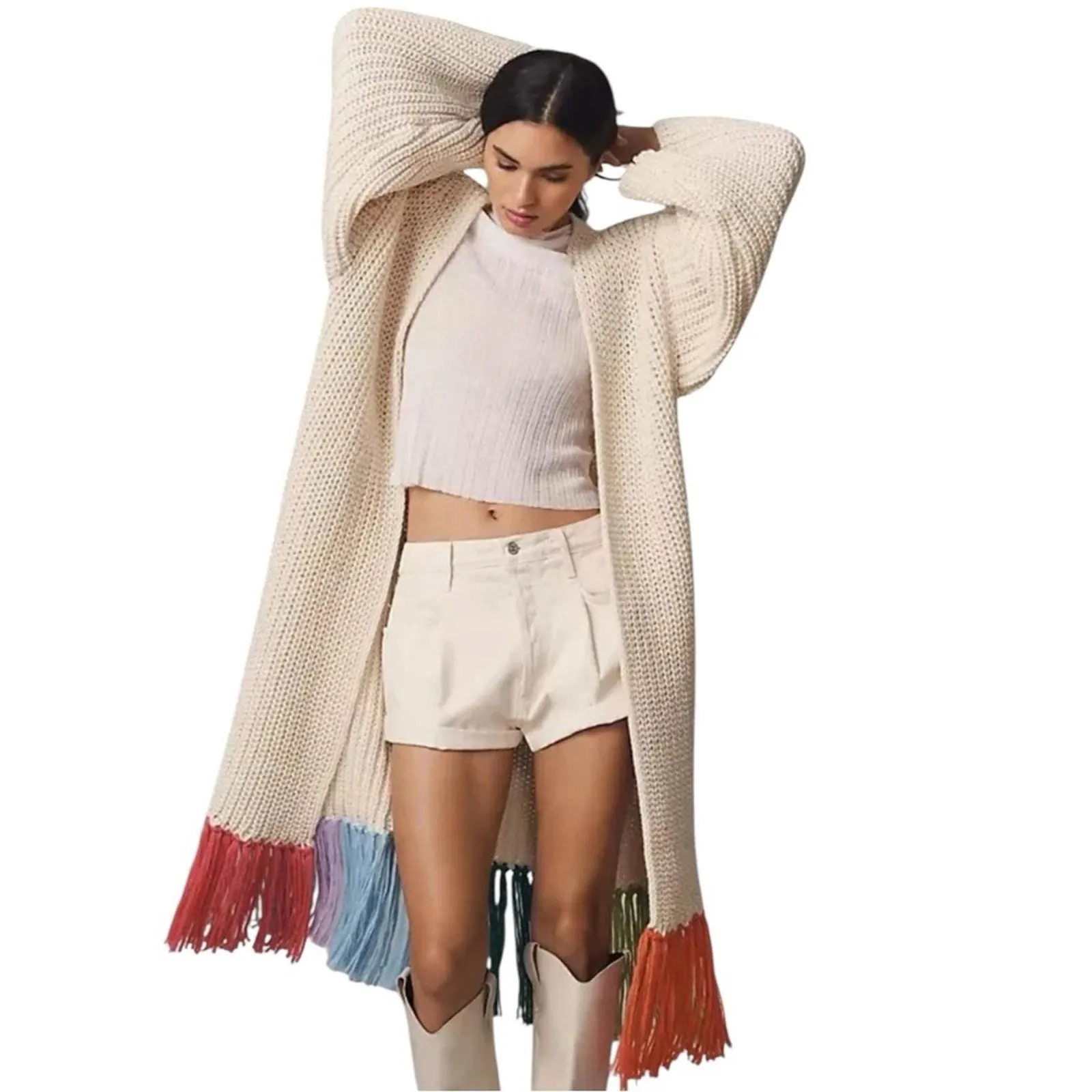 Product image for Anthropologie Colorful Fringe Long Open Cardigan Chunky Knit One Size NWT - Anthropologie