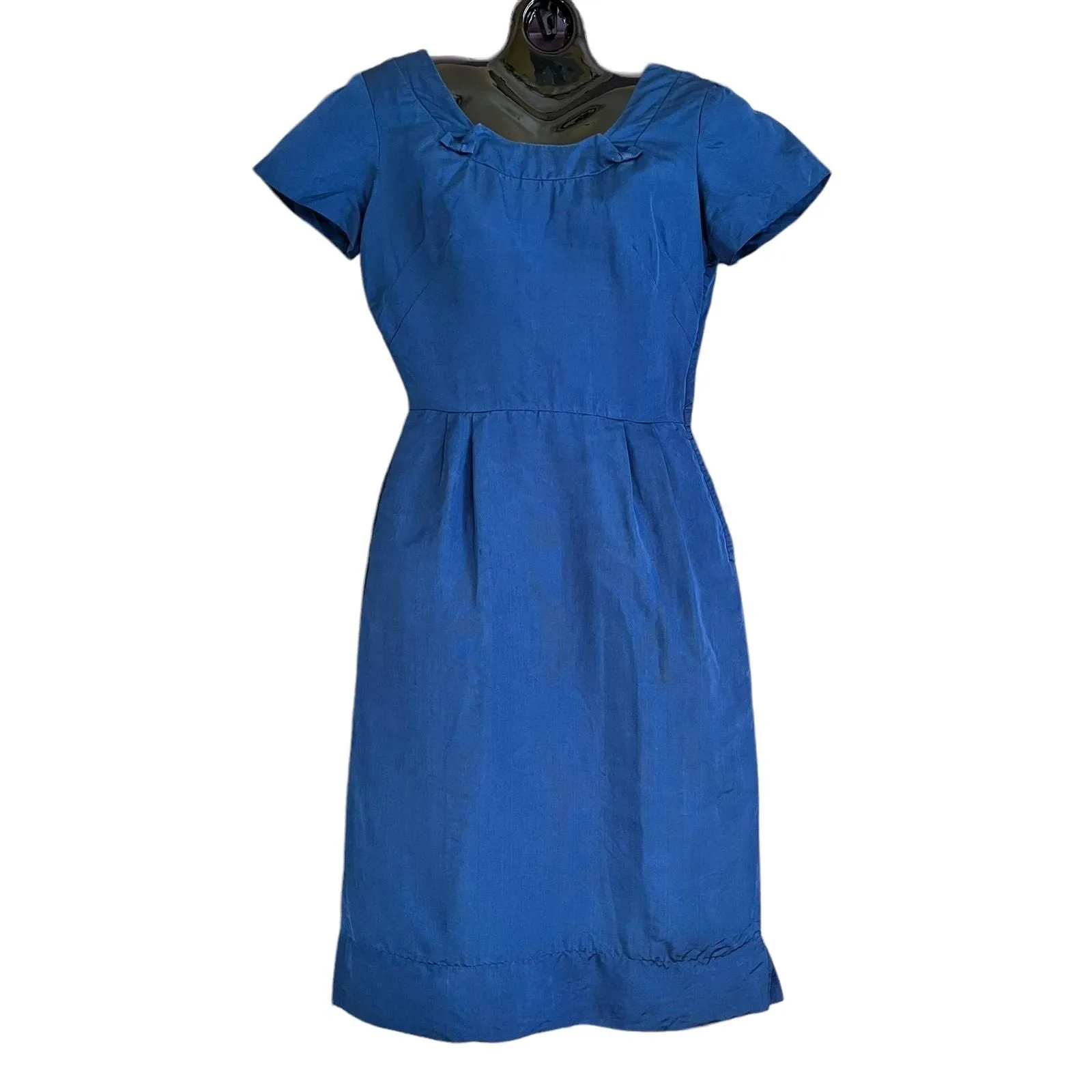 Vintage Blue Grosgrain Bow Trim Scoop Neck Wiggle Dress- 1950s Knee-Length Frock - pre-owned---good - Vintage1