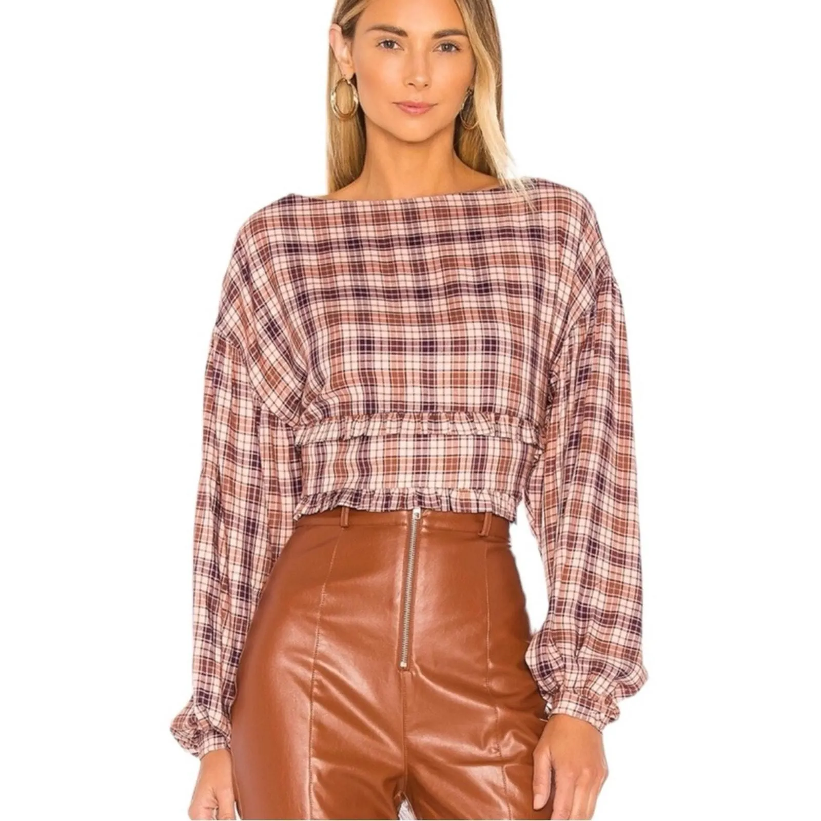 Product image for Majorelle Revolve Asa Plaid Long Sleeve Peplum Top Size Small - new-without-tags - MAJORELLE