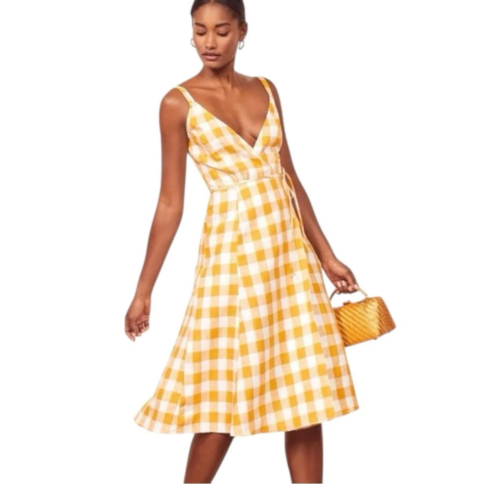 Product image for Reformation Beverly Dress in Jeune Yellow Plaid Size XS Linen - Reformation