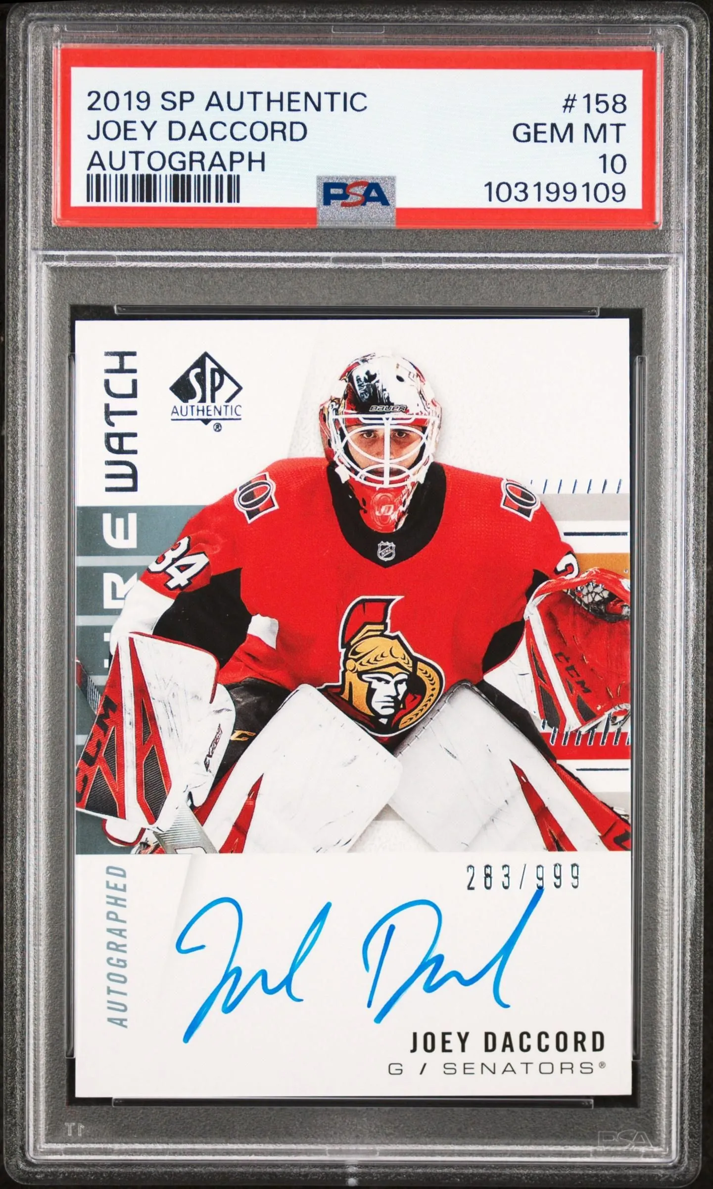 Product image for Joey Daccord 2019-20 SP Authentic Future Watch Auto 283/99 Rookie #158 PSA 10 - 2019 - Hockey - 158 - 2019-20 UD - Joey Daccord - SP Authentic Future Watch Auto 283/99 Rookie - 24 - 0 - Autograph - Yes