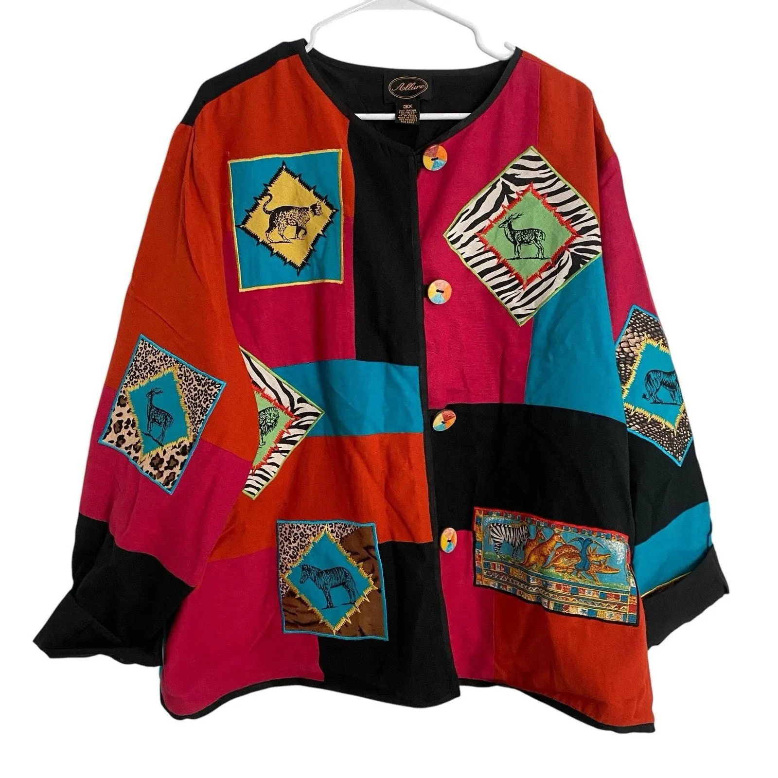 Product image for Allure Patchwork Jacket Woman 3X Animal Safari Print Cotton Artsy Boho Colorful - Outerwear - pre-owned---excellent - ALLURE