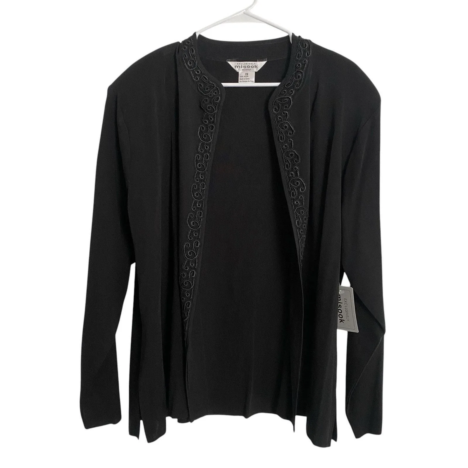 Product image for Misook Woman Plus 2X Black Embroidered Front Closure Acrylic Sweater Cardigan - Sweaters - new-with-tags - misook