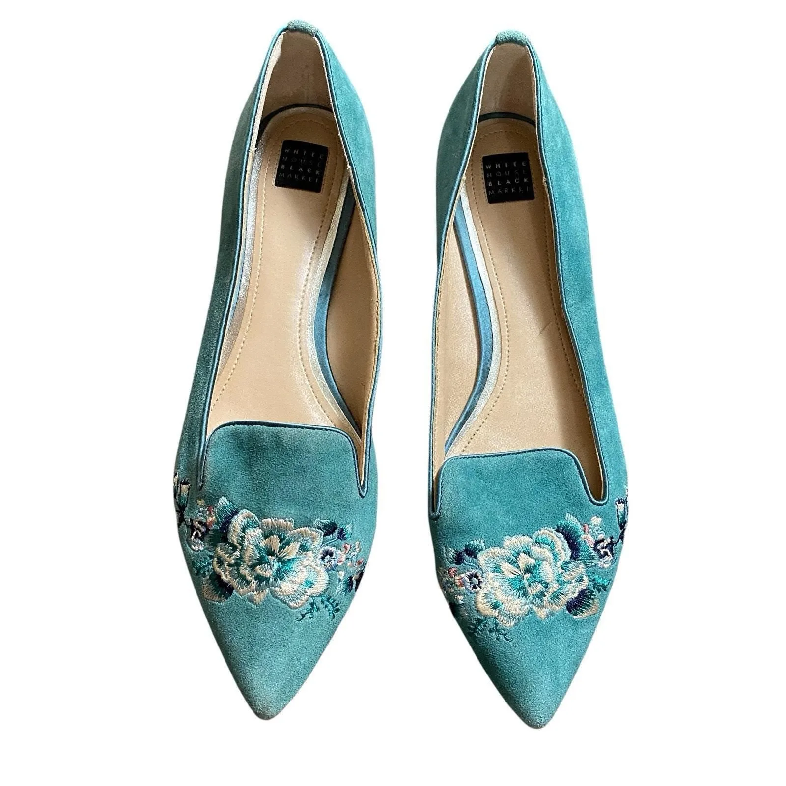 Product image for White House Black Market Women 8 .5 Blue Embroidered Floral Pointed Flats Flower - used - White House Black Market