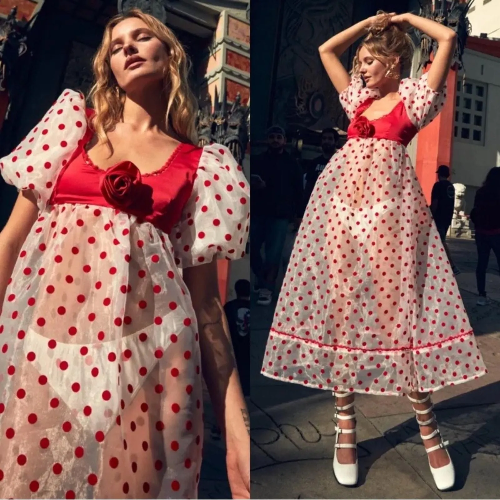 for love and lemons red polka dot dress For Love & Lemons UO Exclusive Emmaline Polka Dot Satin Maxi Dress