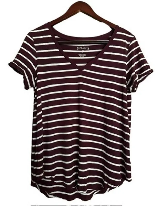 Product image for American Eagle Soft and Sexy V-Neck Maroon Striped T-Shirt Size Medium - pre-owned---good - American Eagle Outfitters