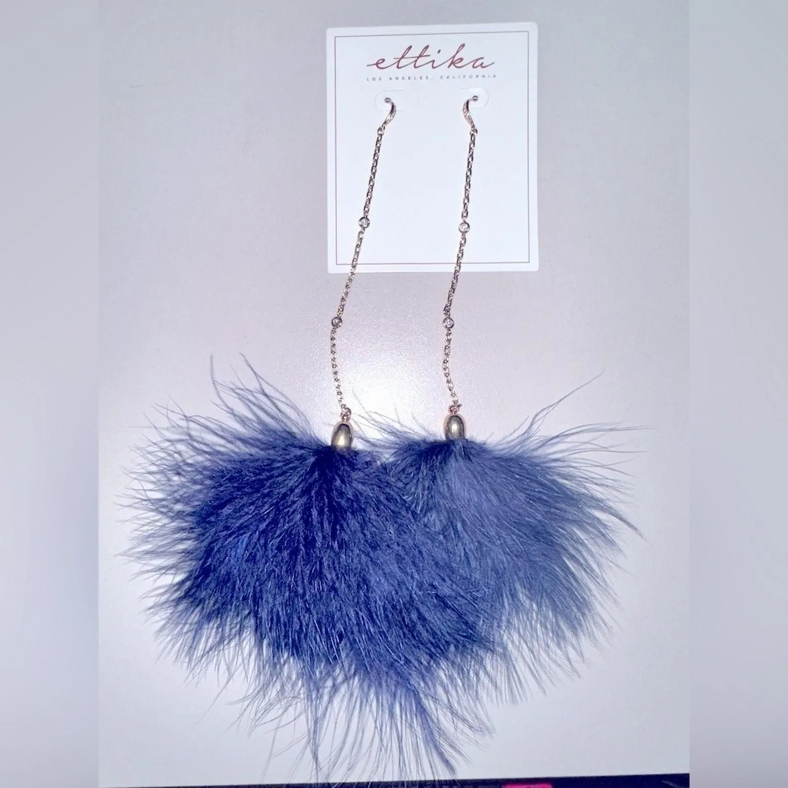 Product image for ETTIKA 18K Gold Plated Chain Pom Duster Earrings Drop Feather Dark Blue