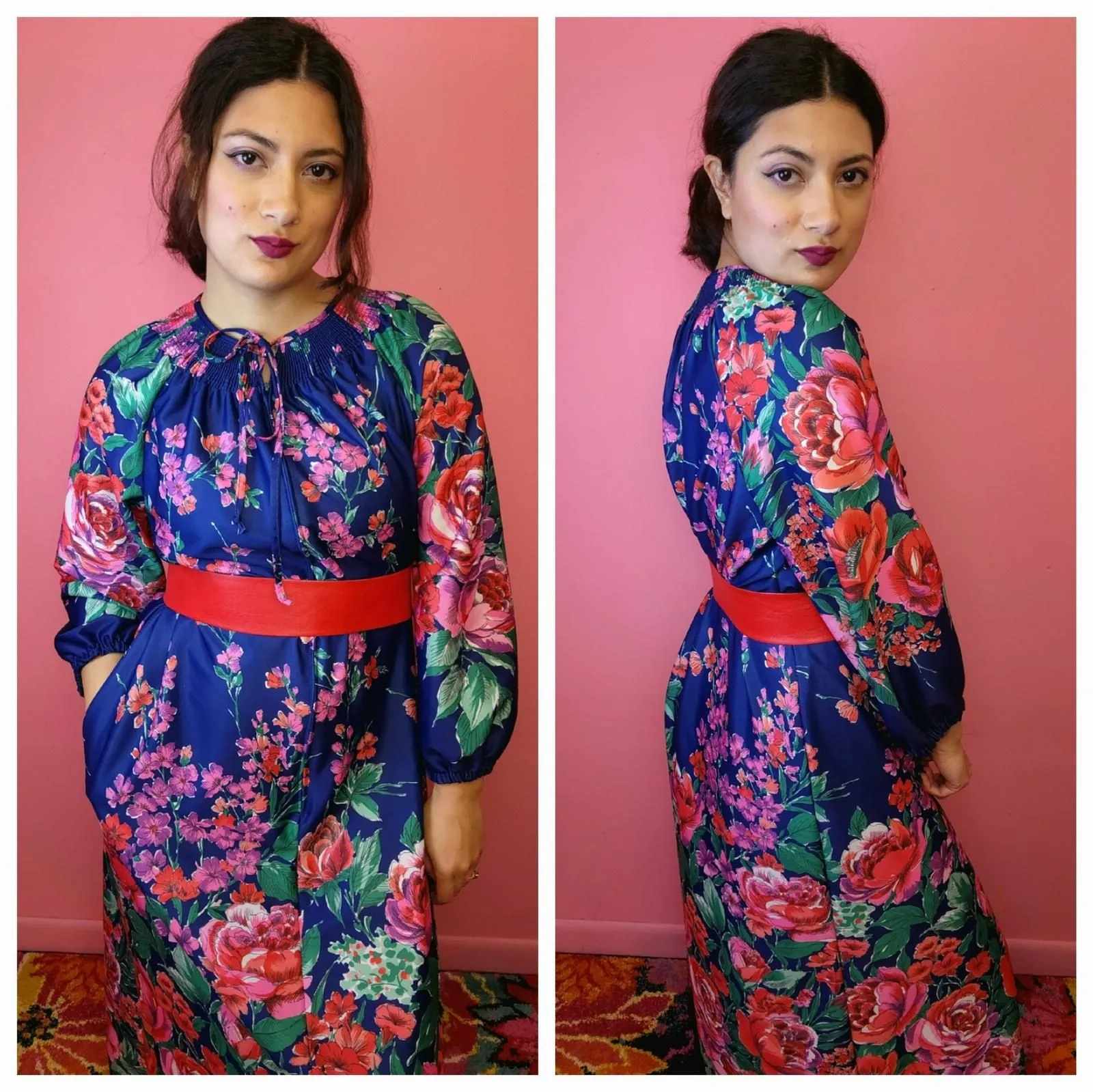 Product image for Size L to XXL | Vintage 1970's Navy Blue Red Pink Rose Floral House Dress Kaftan - pre-owned---good - None and/or Unknown