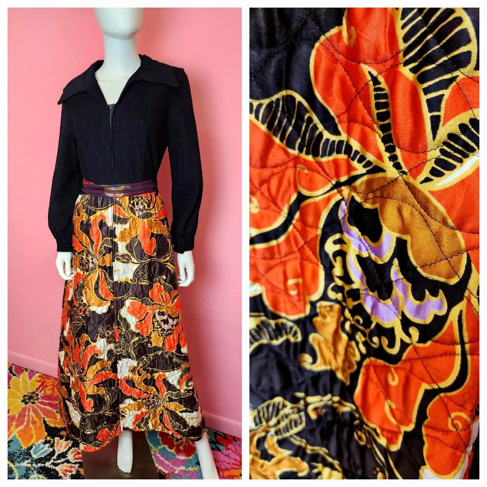 Product image for Size Large to XL | Vintage 1970's Fleece Psychedelic Orange Quilted Front Zip Hostess Dress