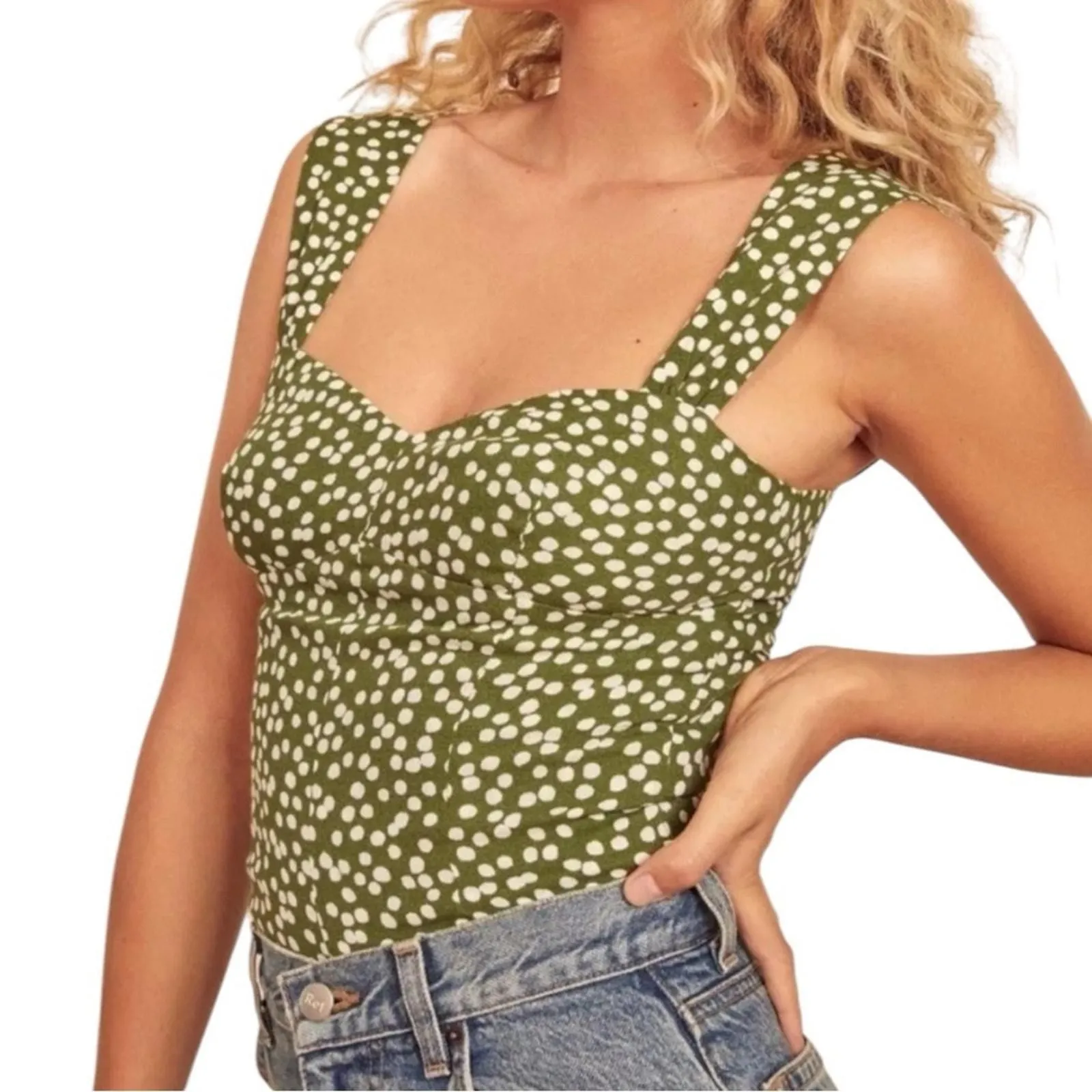 Product image for Reformation Strada Green Polka Dot Top Size 12 - pre-owned---good - Reformation