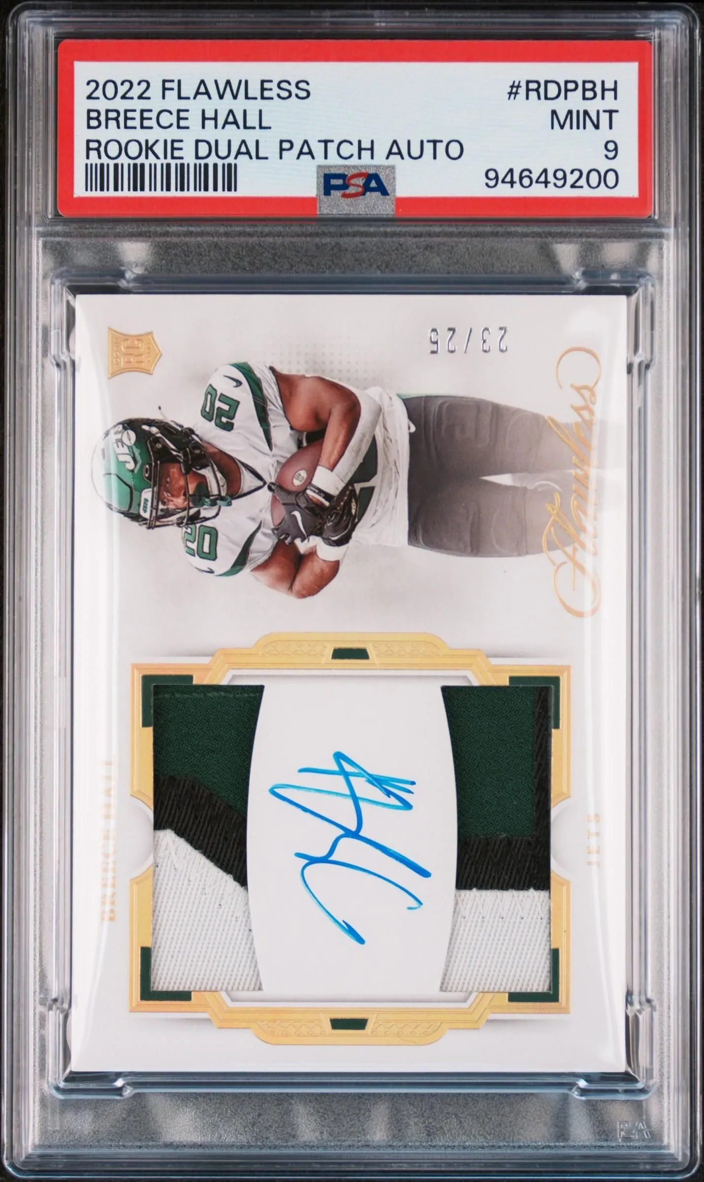 Product image for Breece Hall 2022 Panini Flawless Rookie Dual Patch Autographs /25 PSA 9 - Breece Hall - 2022 - Football - RDPBH - Memorabilia, Serial Numbered - National Football League (NFL) - Panini - Breece Hall - 2022 Panini Flawless - 1