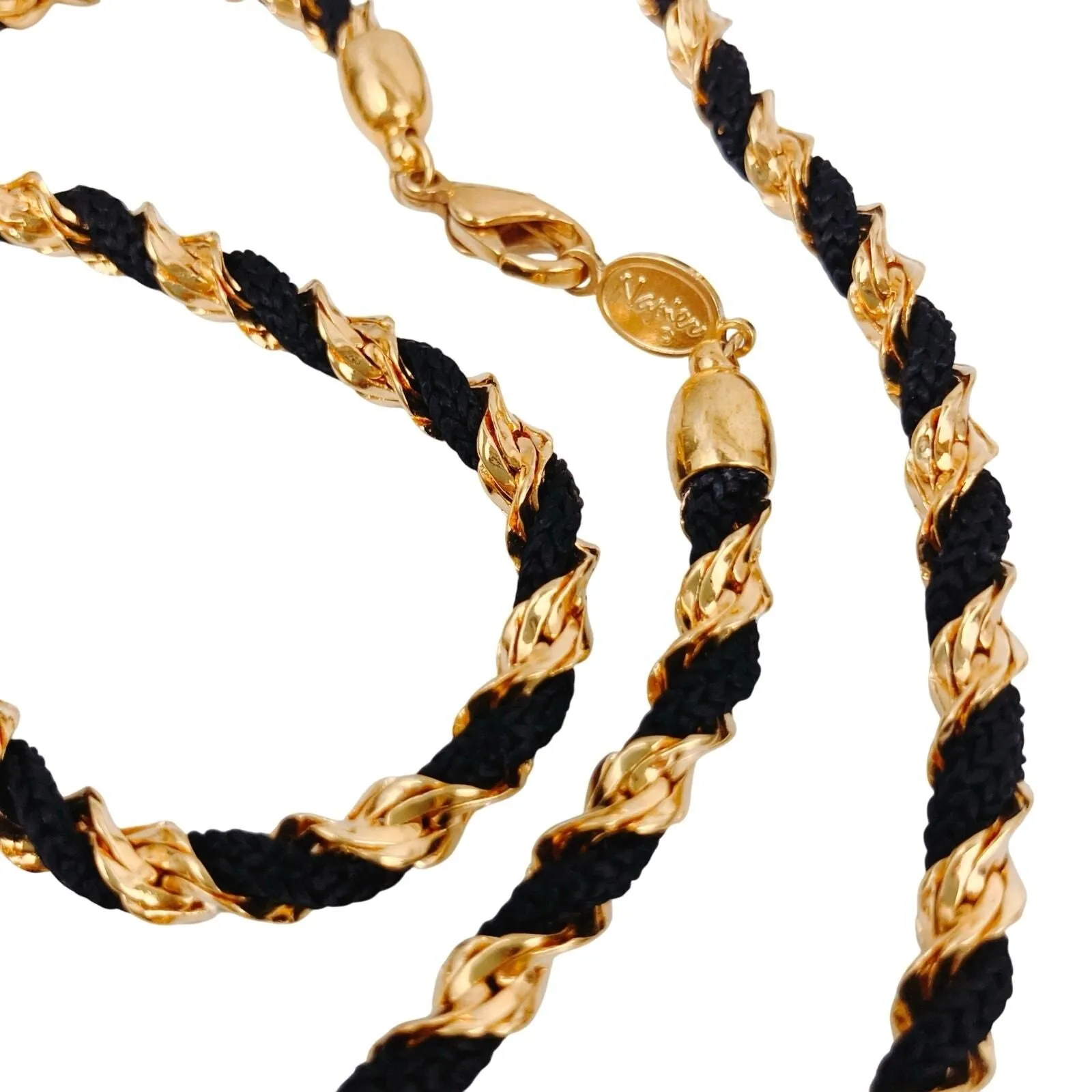 Product image for VTG Signed Napier Long 30" Braided Rope Gold Tone Black Ribbon Necklace 1980s - pre-owned---excellent