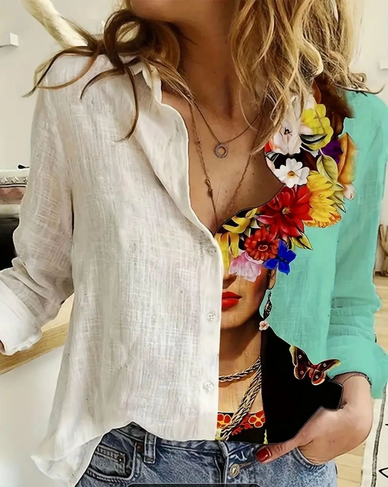 Product image for Elegant Half White Figure Print Button Up Collared Shirt Size XXL (14)
