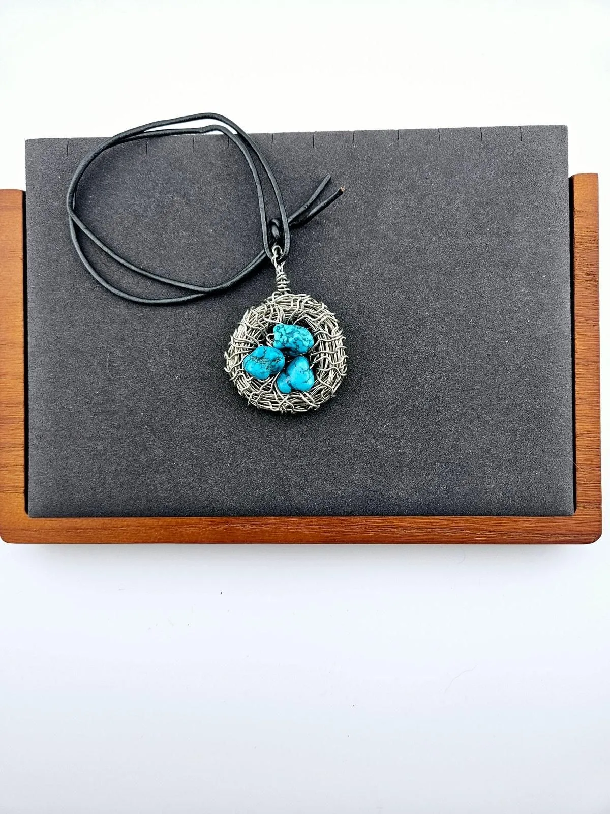 Product image for Silver Tone Wire Bird Nest Pendant On Black Leather Cord Necklace Turquoise Eggs - pre-owned---good