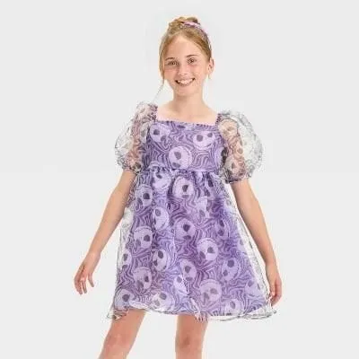 Product image for Girls  Jack Skellington Halloween Short Puff Sleeve Dress - Purple Large
