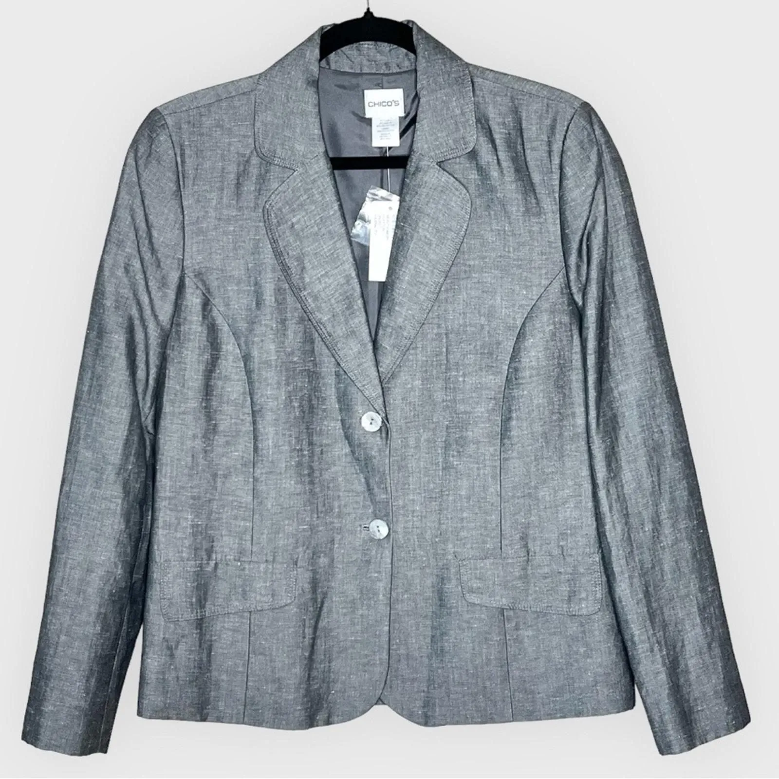 Product image for NWT CHICO’S linen blend Montgomery Clayton jacket Gibraltar gray blazer US SZ 8 - new-with-tags - Chico's