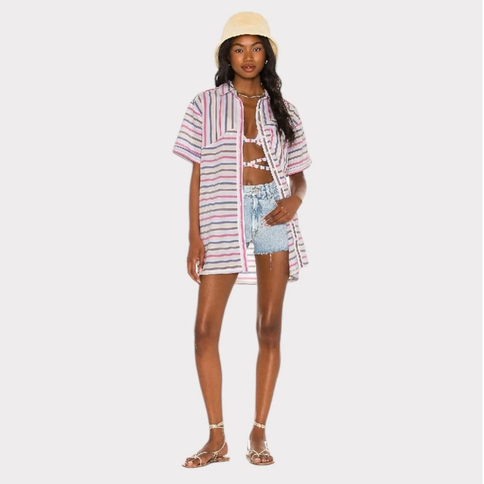 Product image for LOVERS AND FRIENDS Shep Mini Shirt Dress Multi Stripe Linen Blend Size Small - pre-owned---good - Lovers + Friends
