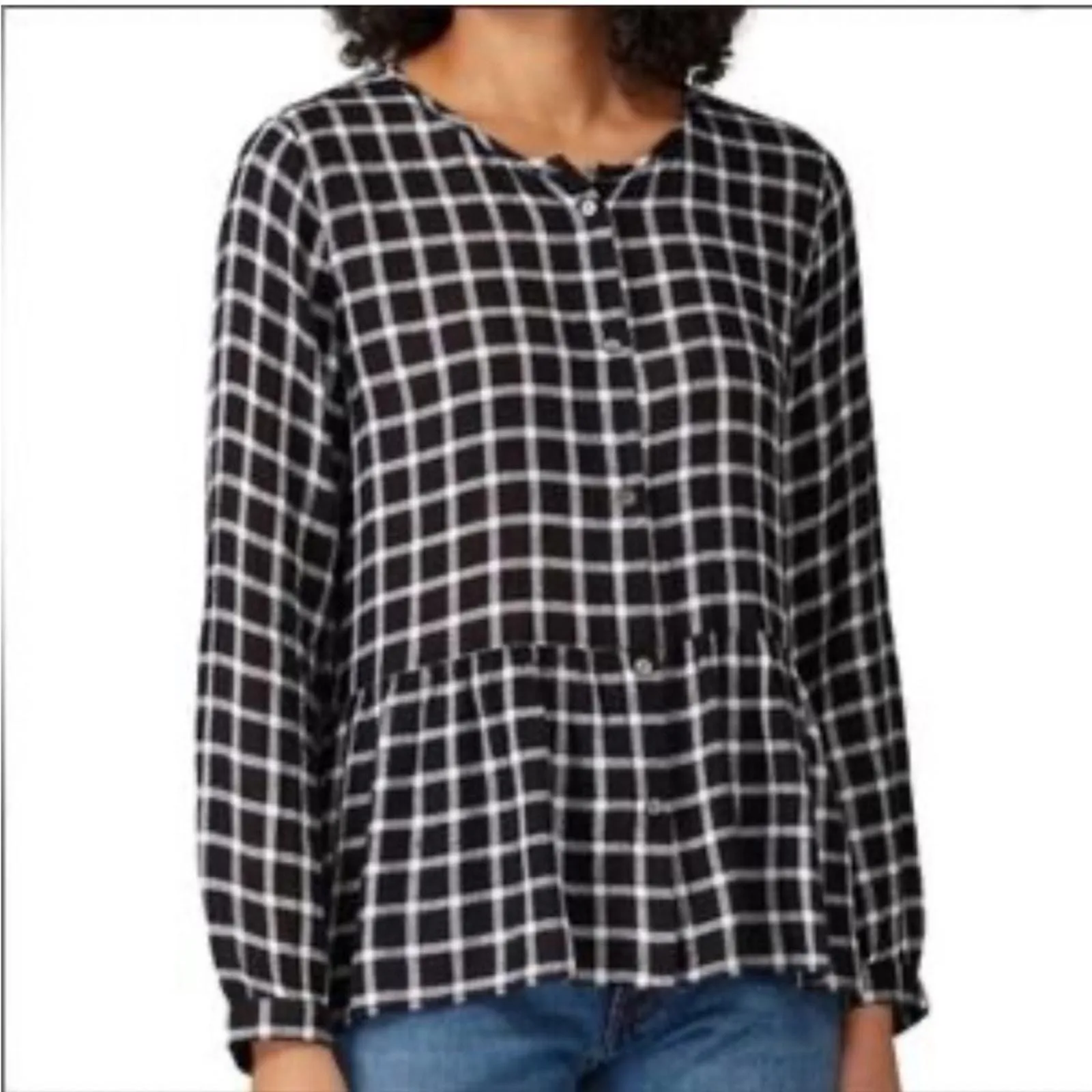 Product image for RAILS Celeste Onyx Grid Plaid Rayon Linen Blend Peplum Button Down Blouse Small - pre-owned---good - Rails