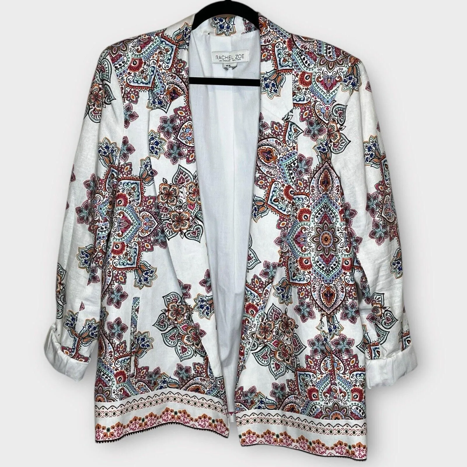 Product image for RACHEL ZOE Women Open Front Linen Blend Blazer Jacket XL White Multi Medallion - pre-owned---good - Rachel Zoe