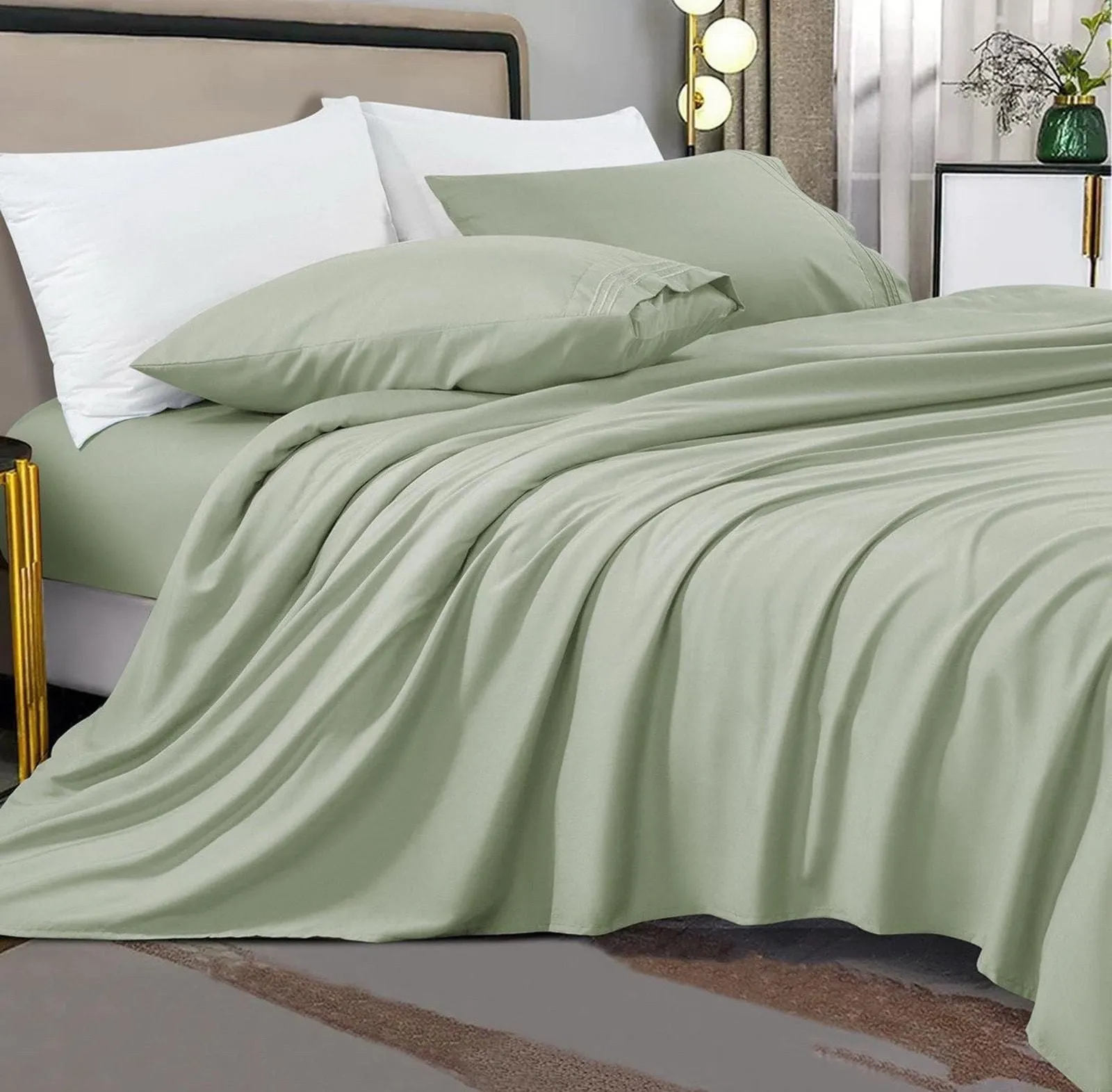Product image for Shilucheng King 4 Pc Sheet Set - Breathable And Cooling 1800 TC Sage Green