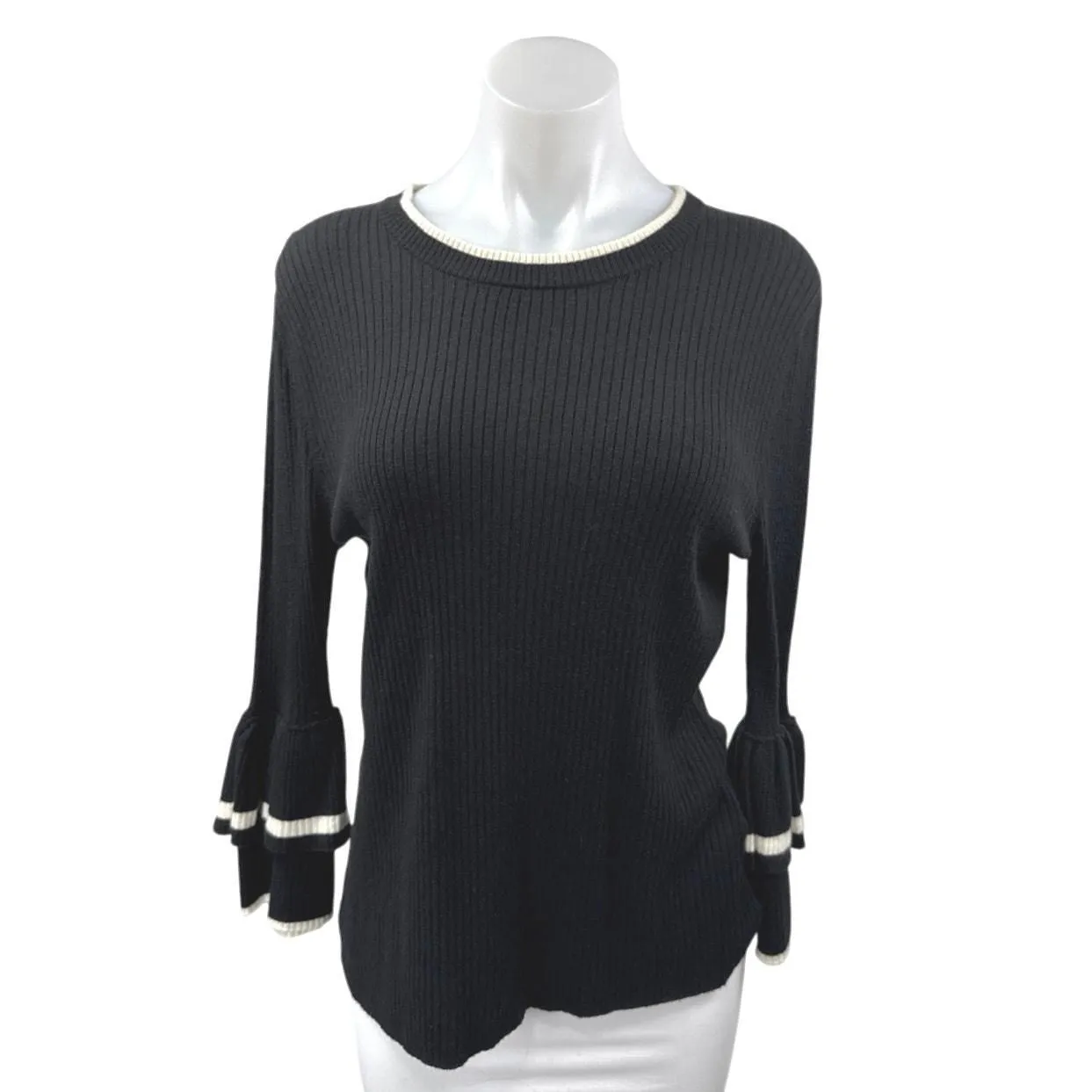 Product image for Frame Black White Wool Ribbed Knit Bell Long Sleeve Ruffle Sweater Top Size S - Tops - pre-owned---good - Frame