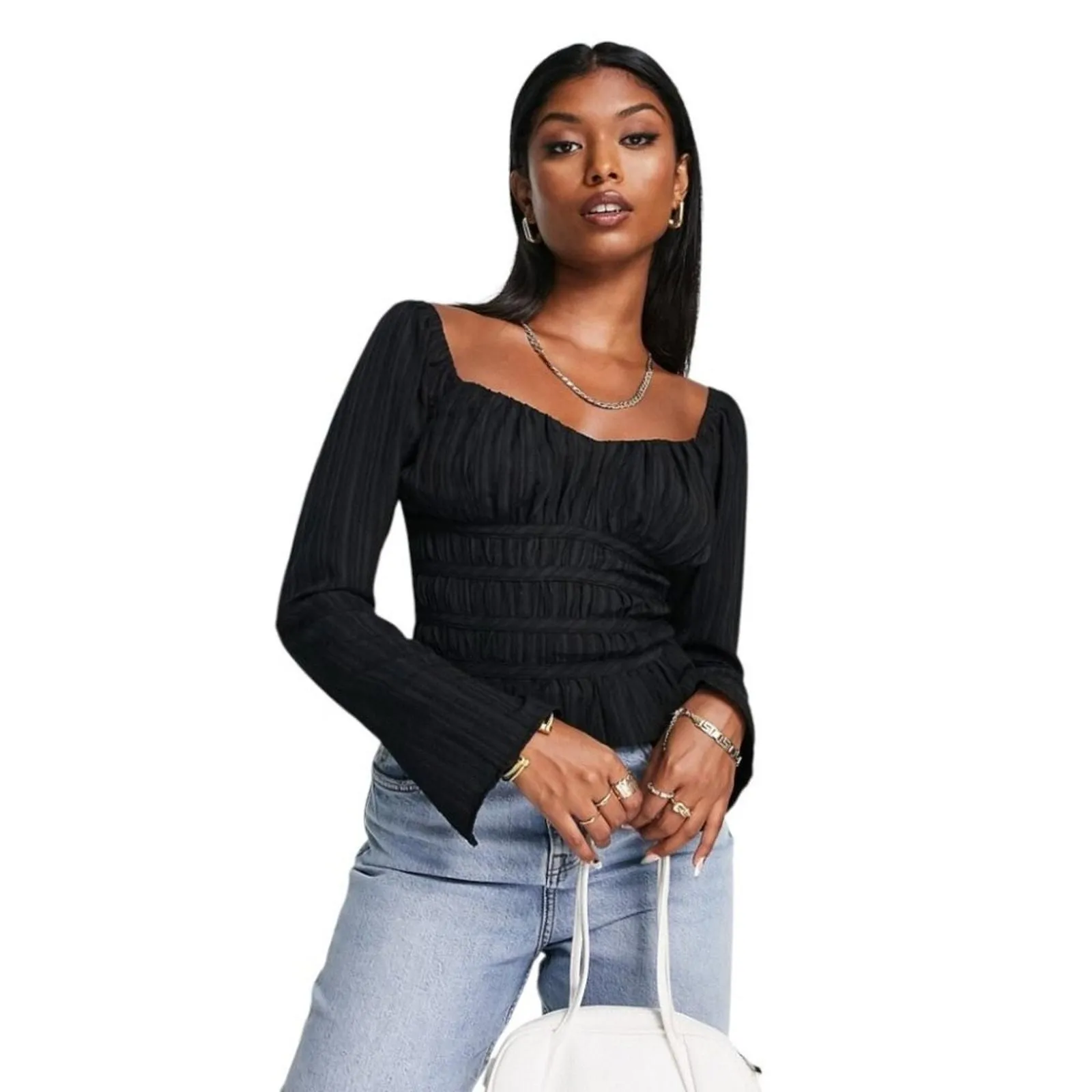 Product image for TopShop Smocked Long Sleeve Top Black Size 4 NWT $56 MSRP - Topshop