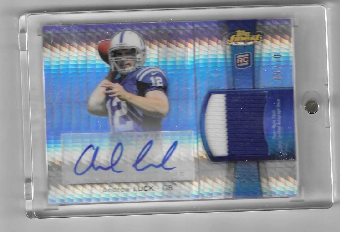 Product image for 2012 Topps Finest Andrew Luck Atomic Auto Patch #9/10--Colts  - 2012 - Football - RAP-AL - Topps - Andrew Luck - 2012 Topps Finest - Blue Prism