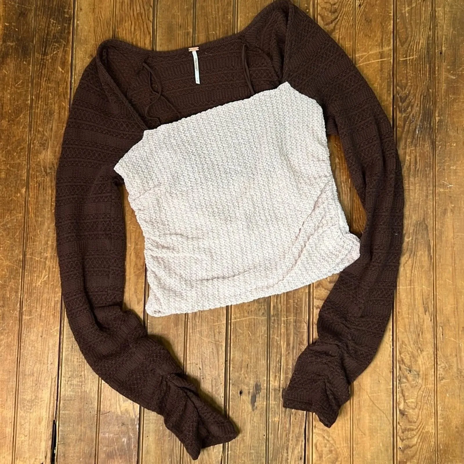 Product image for Women’s Free people long sleeve brown crop top touched sided arms  size large - pre-owned---good - Free People