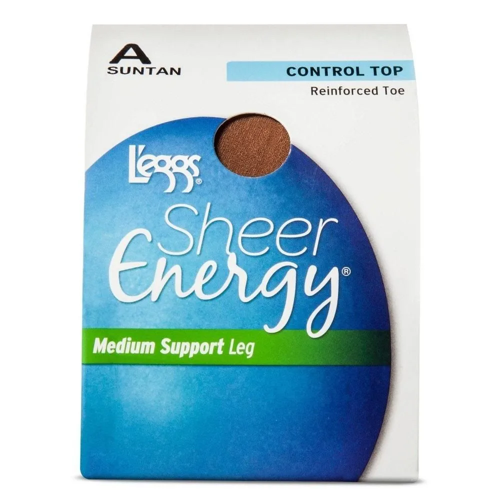 Product image for L'eggs Sheer Energy Medium Support Compression Tights 2-Pairs in Suntan, Size B - new-with-tags - L'eggs