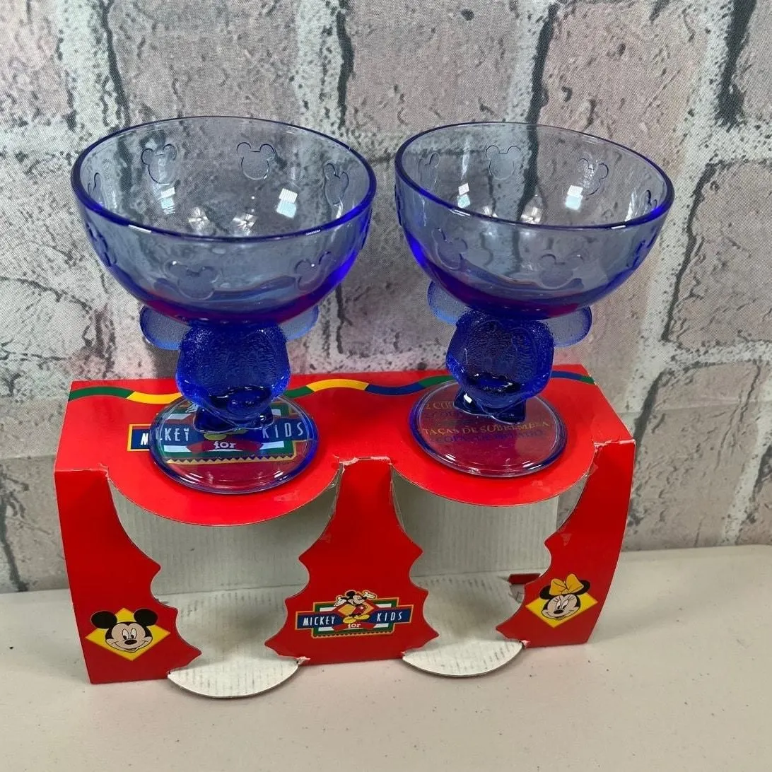 Product image for Vintage Disney Mickey Mouse Goblets Cups Ice Cream Sunday Blue Glass  - new-with-box