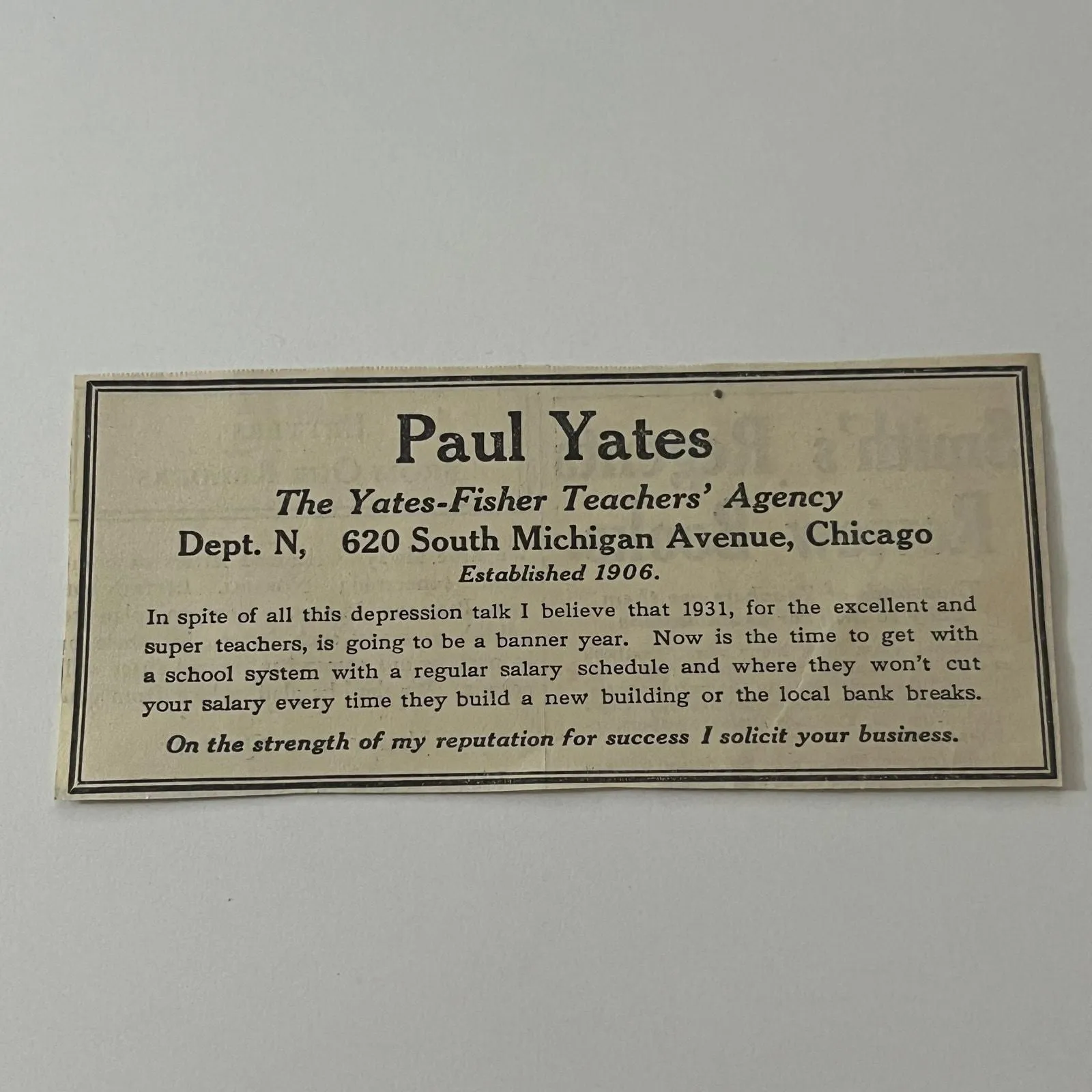 Product image for The Yates-Fisher Teachers' Agency Chicago IL Paul Yates 1931 Magazine Ad SAG4-1